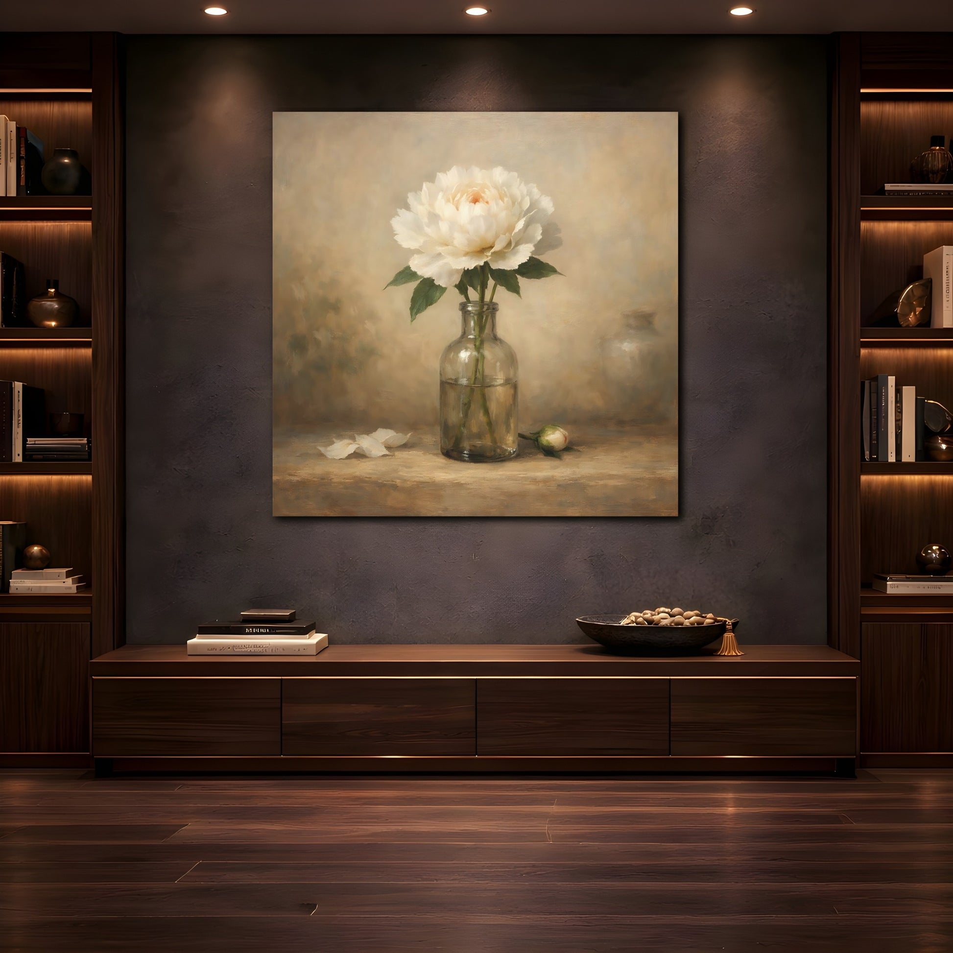 Mockup 4. Floral White Peony White Peony shown as stretched canvas wall art