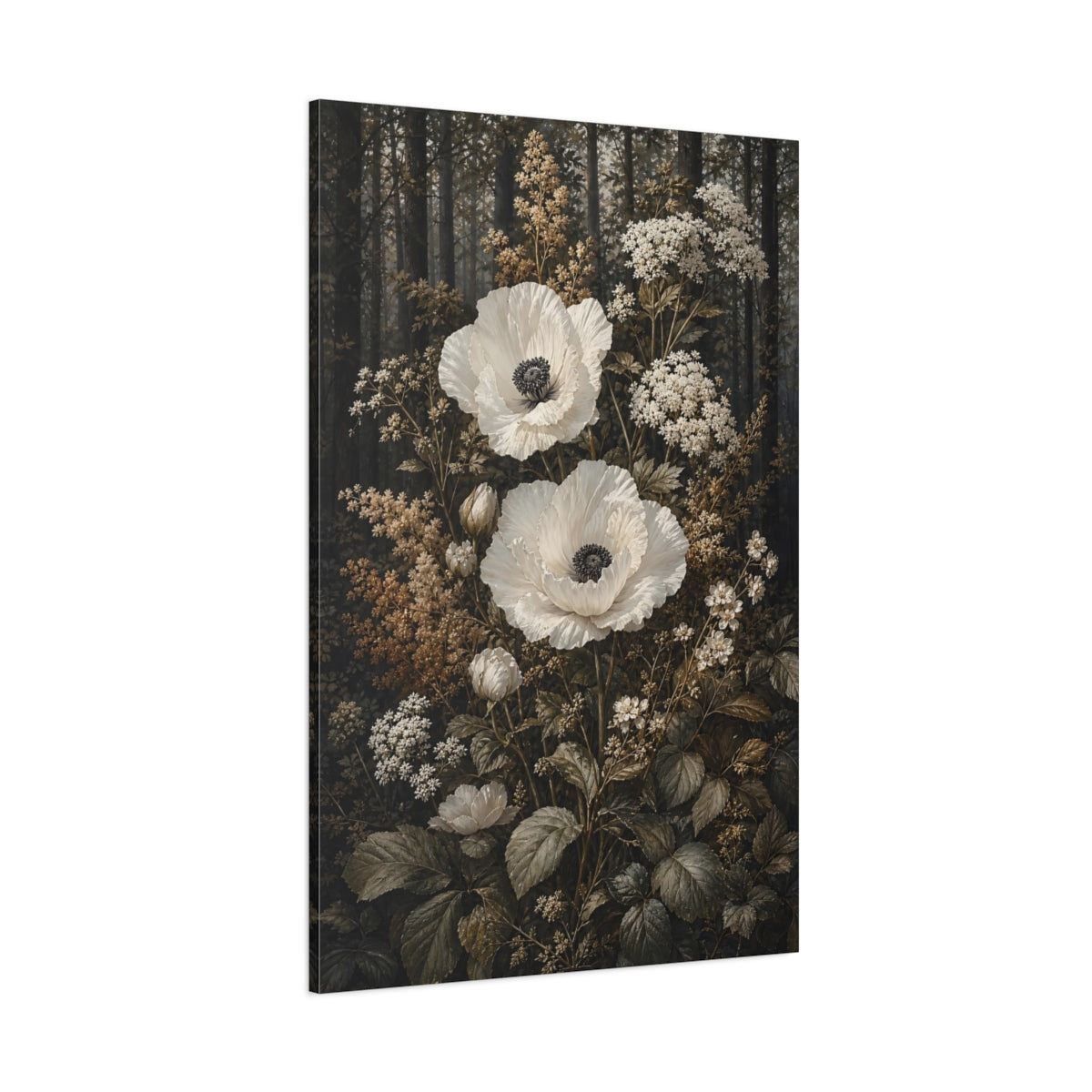 Side Mockup 1. Floral White Poppies White Poppies shown as stretched canvas wall art