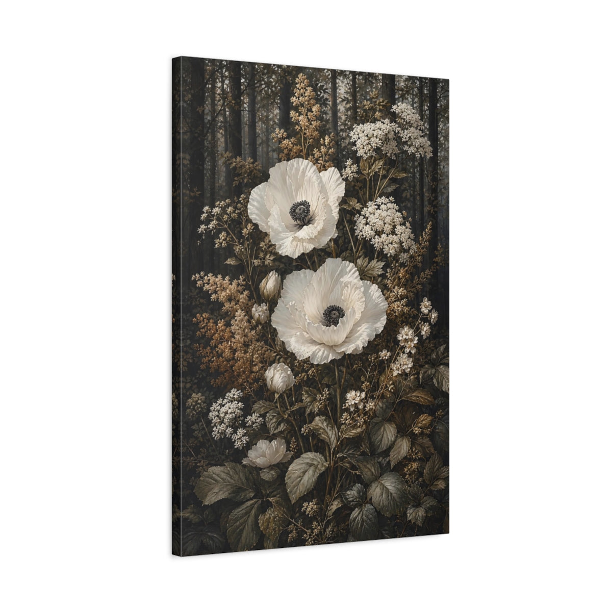 Side Mockup 2. Floral White Poppies White Poppies shown as stretched canvas wall art