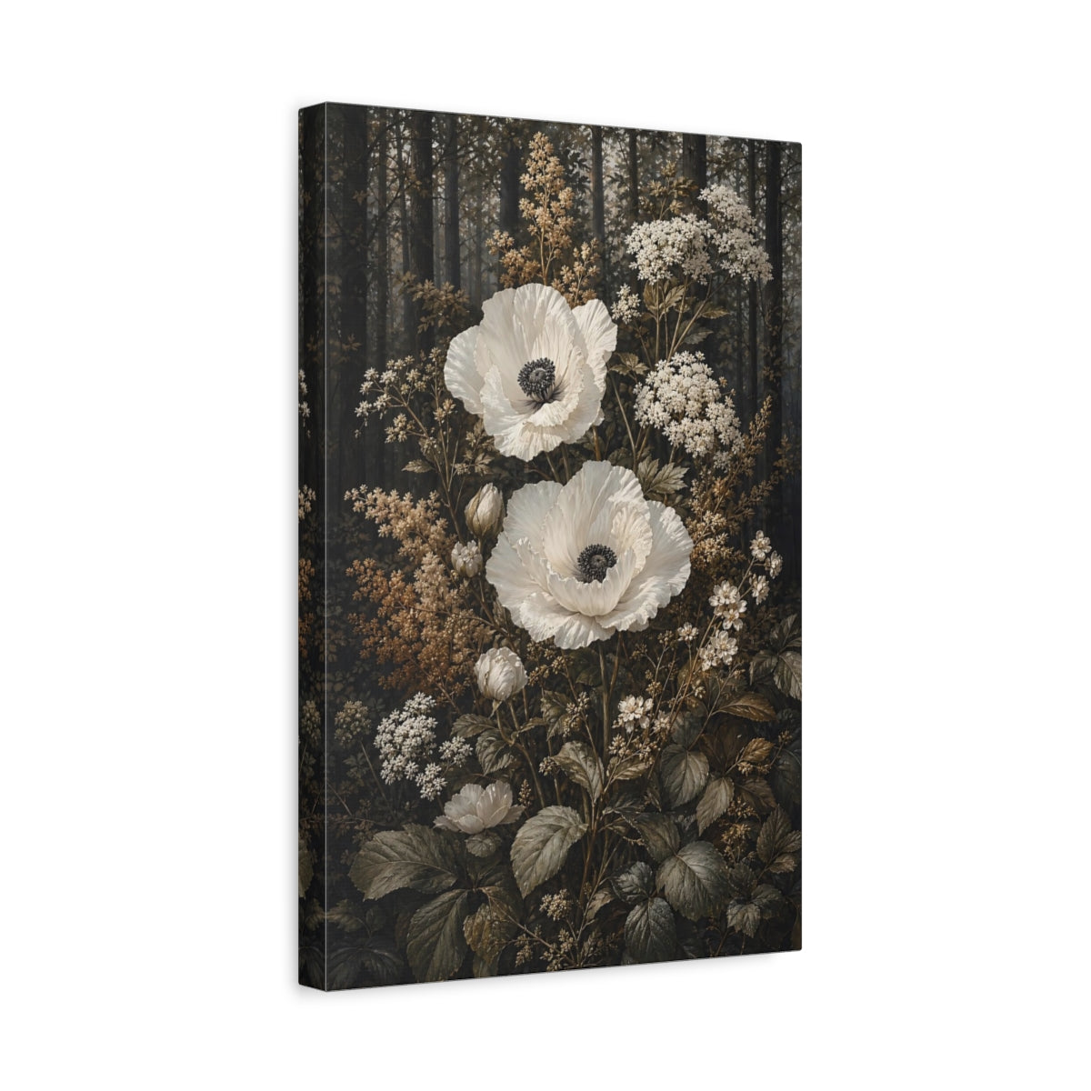 Side Mockup 4. Floral White Poppies White Poppies shown as stretched canvas wall art