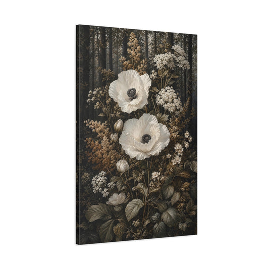 Main Mockup. Floral White Poppies White Poppies shown as stretched canvas wall art