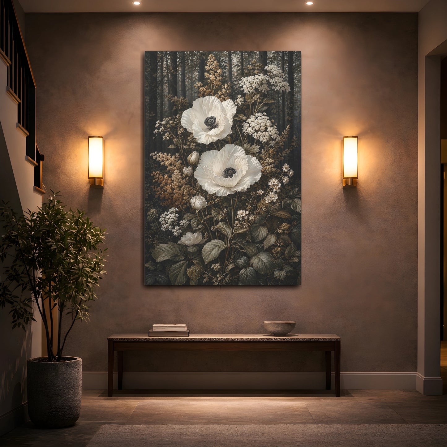 Mockup 2. Floral White Poppies White Poppies shown as stretched canvas wall art