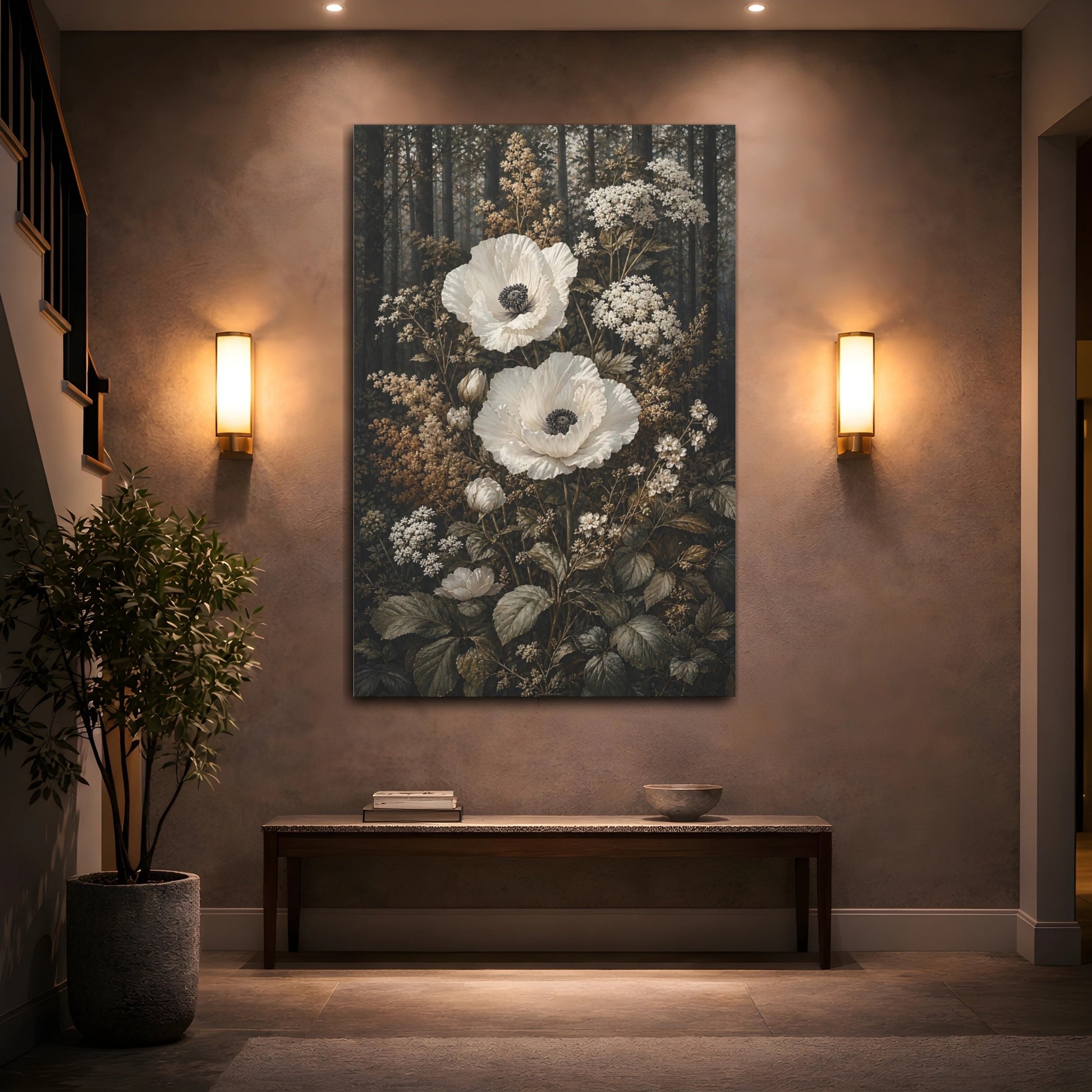 Mockup 2. Floral White Poppies White Poppies shown as stretched canvas wall art
