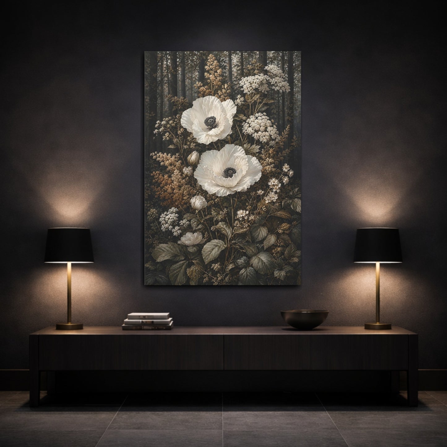 Mockup 3. Floral White Poppies White Poppies shown as stretched canvas wall art