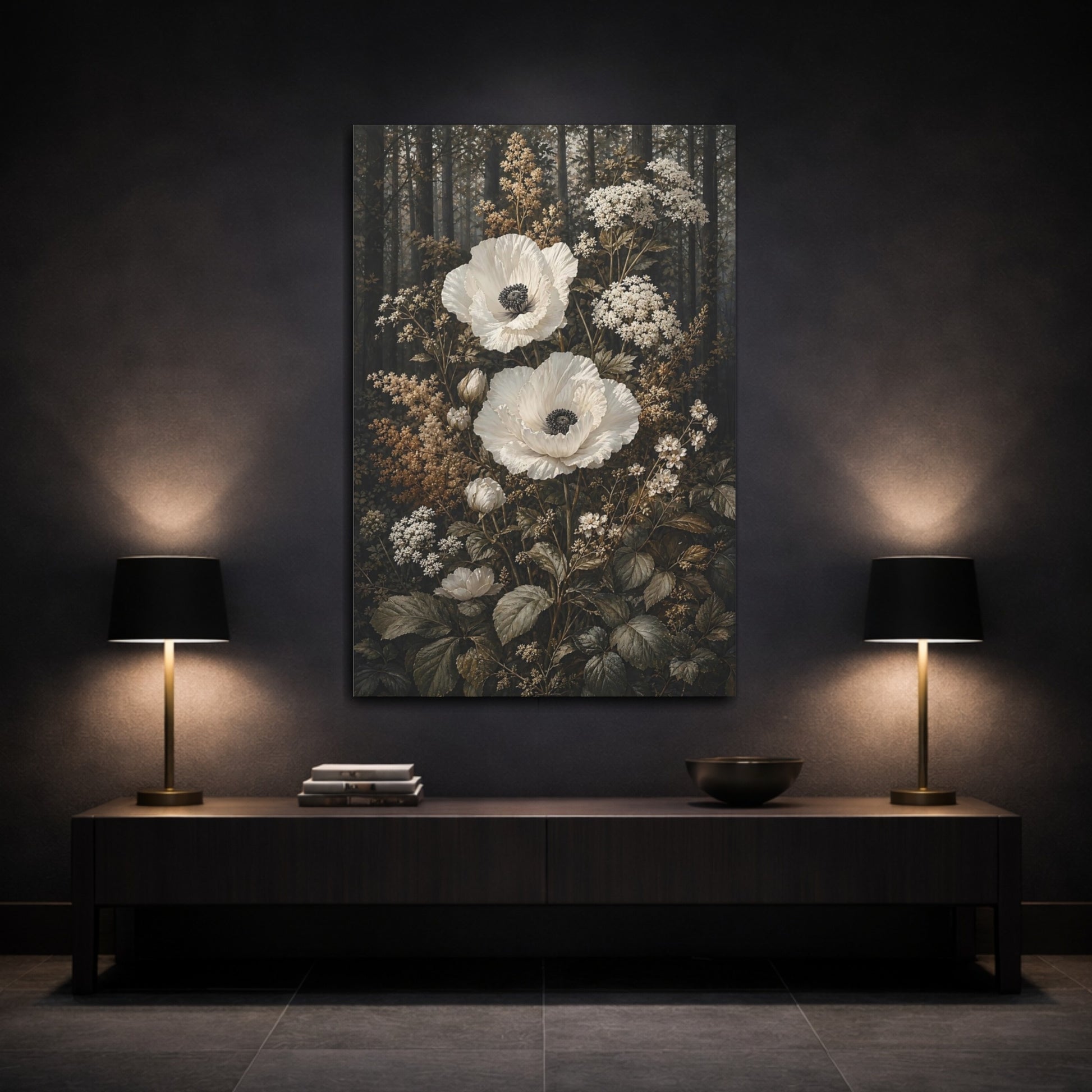 Mockup 3. Floral White Poppies White Poppies shown as stretched canvas wall art