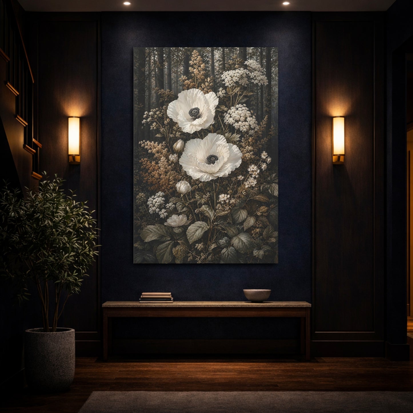 Mockup 4. Floral White Poppies White Poppies shown as stretched canvas wall art