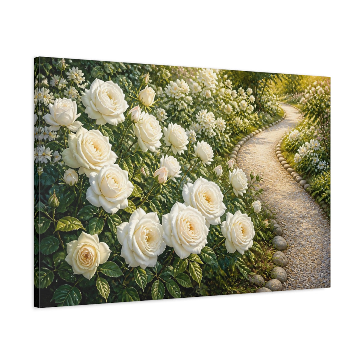 Main Mockup. Floral White Rose Garden Path shown as canvas print