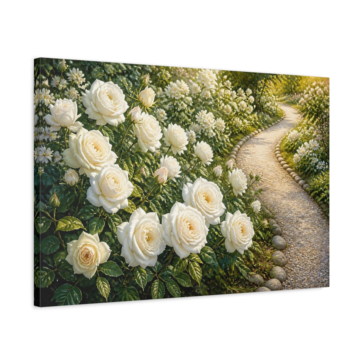 Side Mockup 2. Floral White Rose Garden Path shown as canvas print
