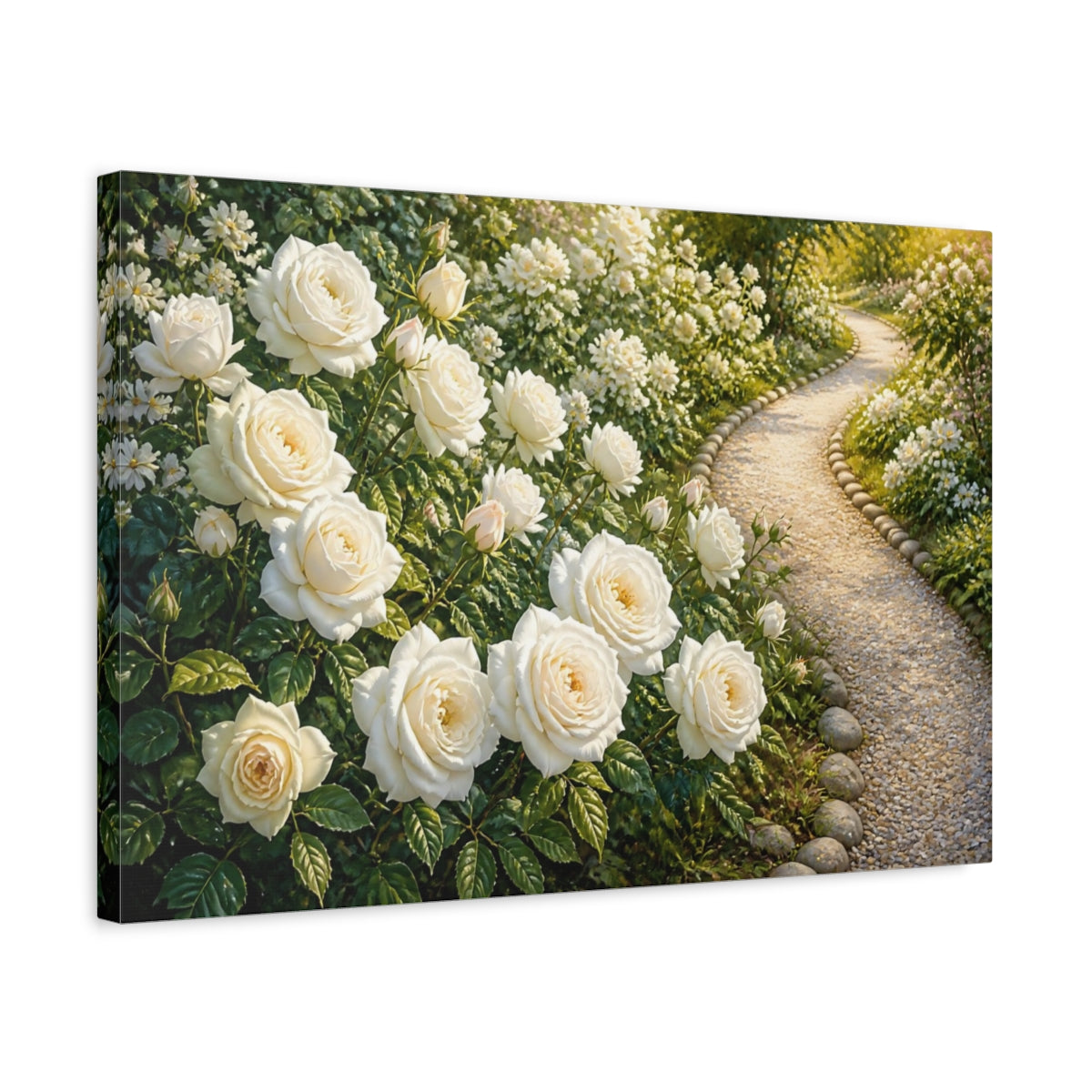 Side Mockup 3. Floral White Rose Garden Path shown as canvas print