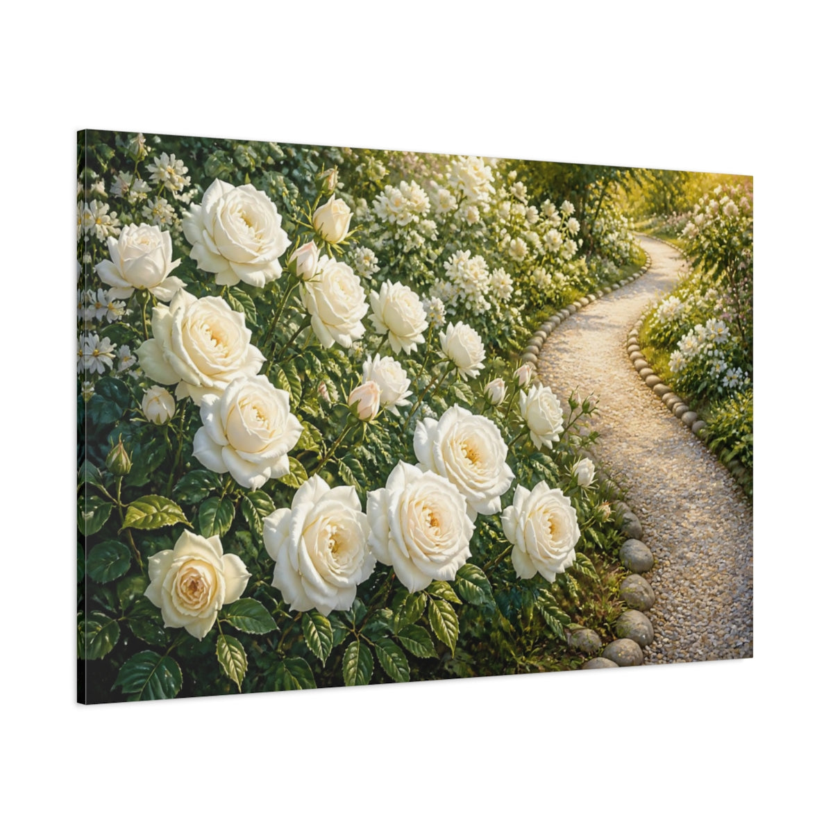 Side Mockup 1. Floral White Rose Garden Path shown as canvas print