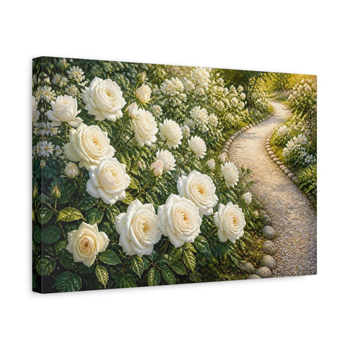 Side Mockup 4. Floral White Rose Garden Path shown as canvas print