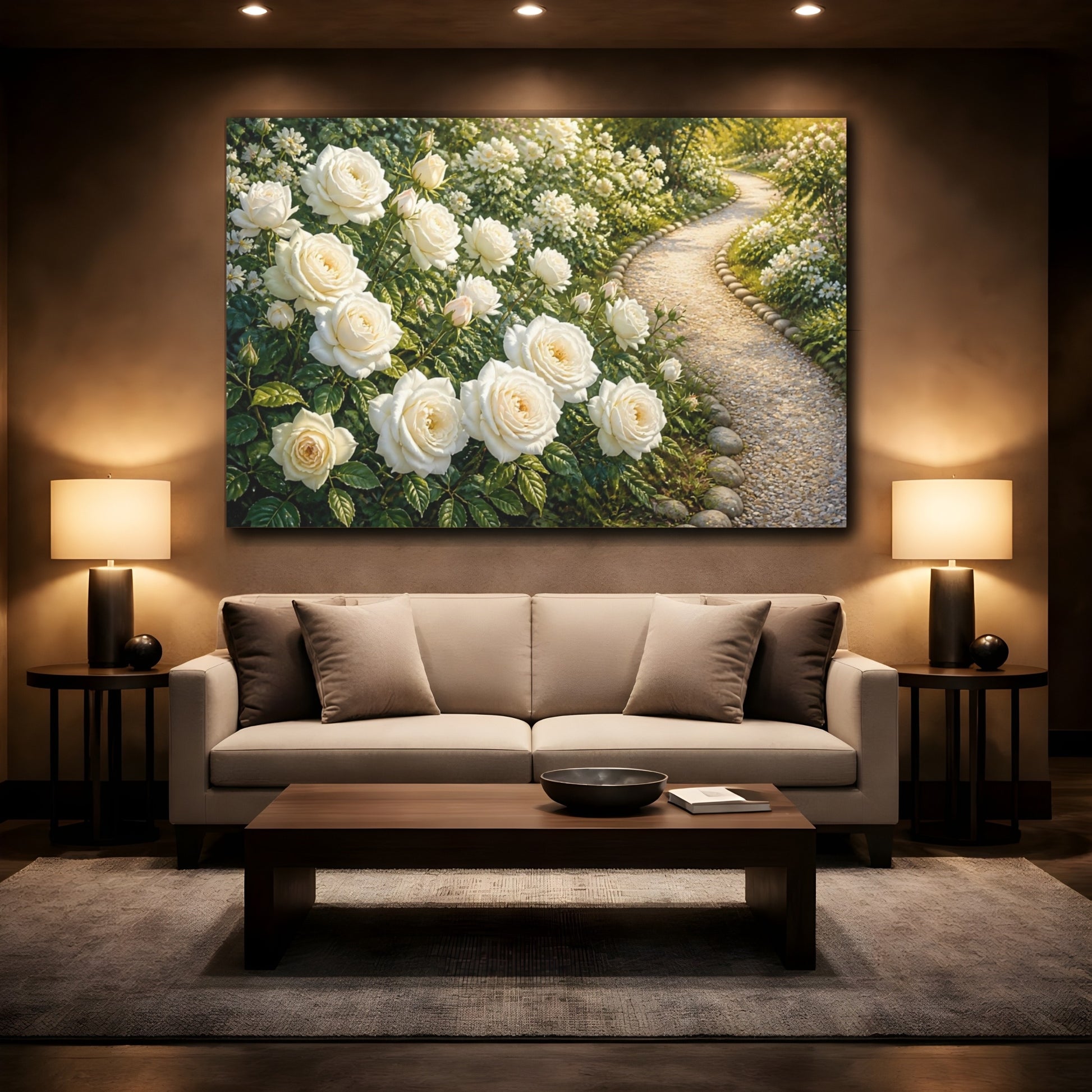 Mockup 2. Floral White Rose Garden Path shown as canvas print