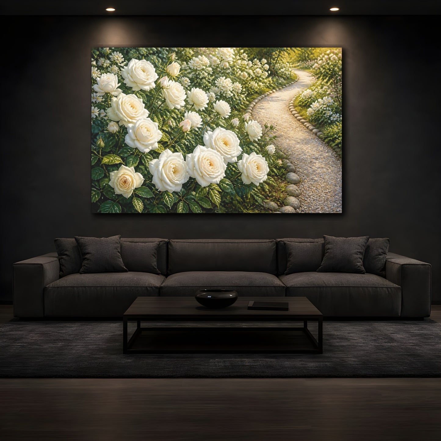 Mockup 3. Floral White Rose Garden Path shown as canvas print