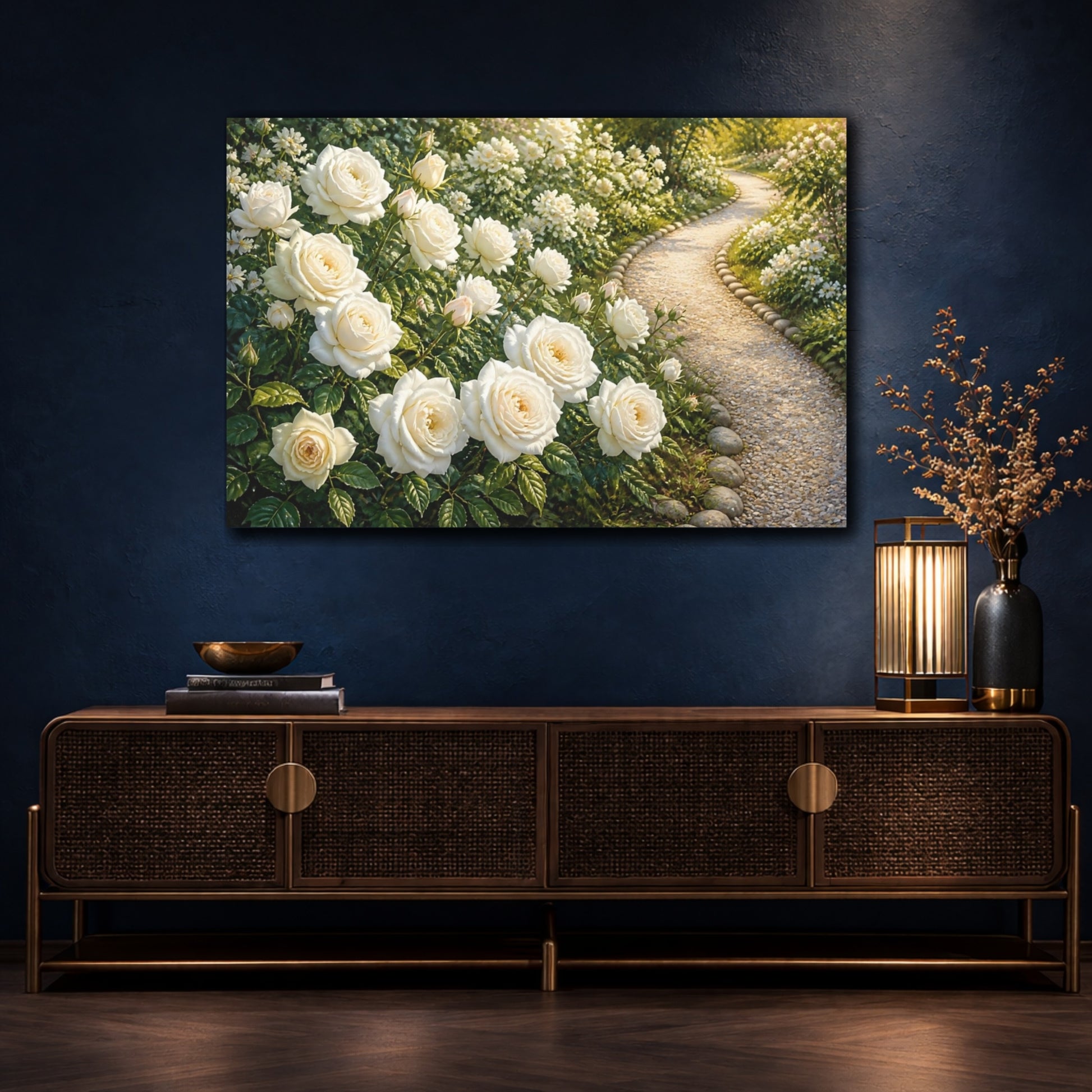 Mockup 4. Floral White Rose Garden Path shown as canvas print