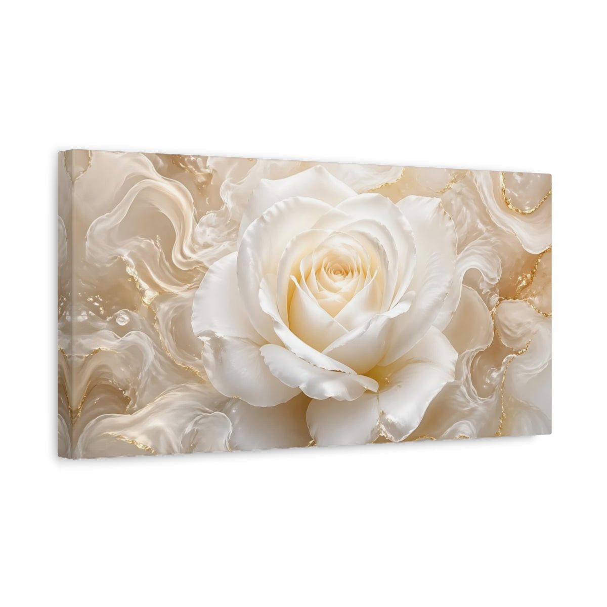 Side Mockup 3. Floral White Rose White Rose Gold shown as stretched canvas wall art
