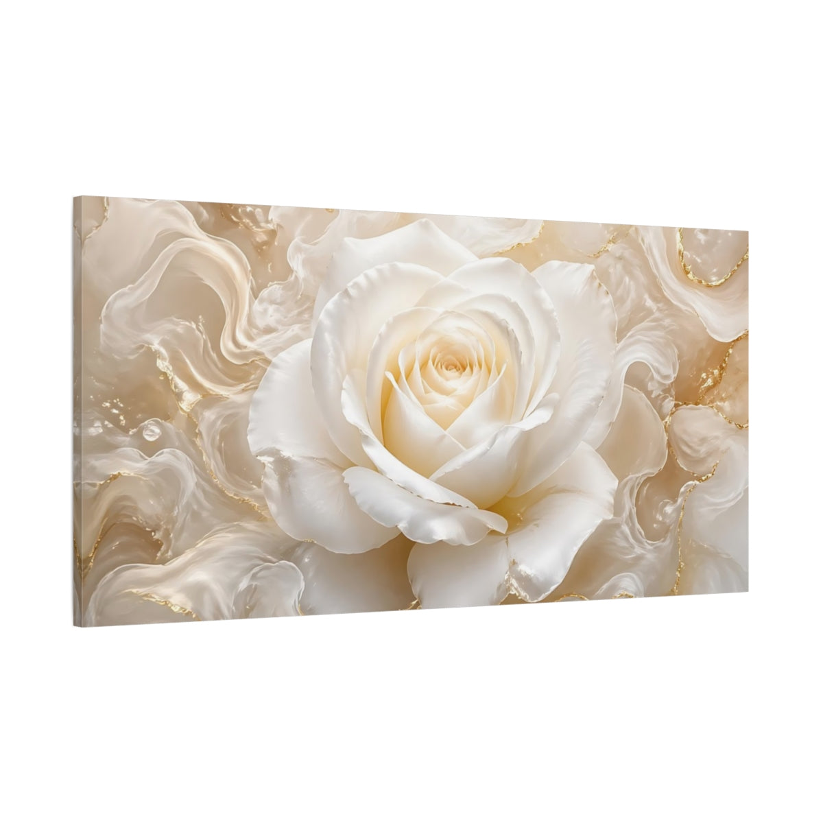 Side Mockup 2. Floral White Rose White Rose Gold shown as stretched canvas wall art