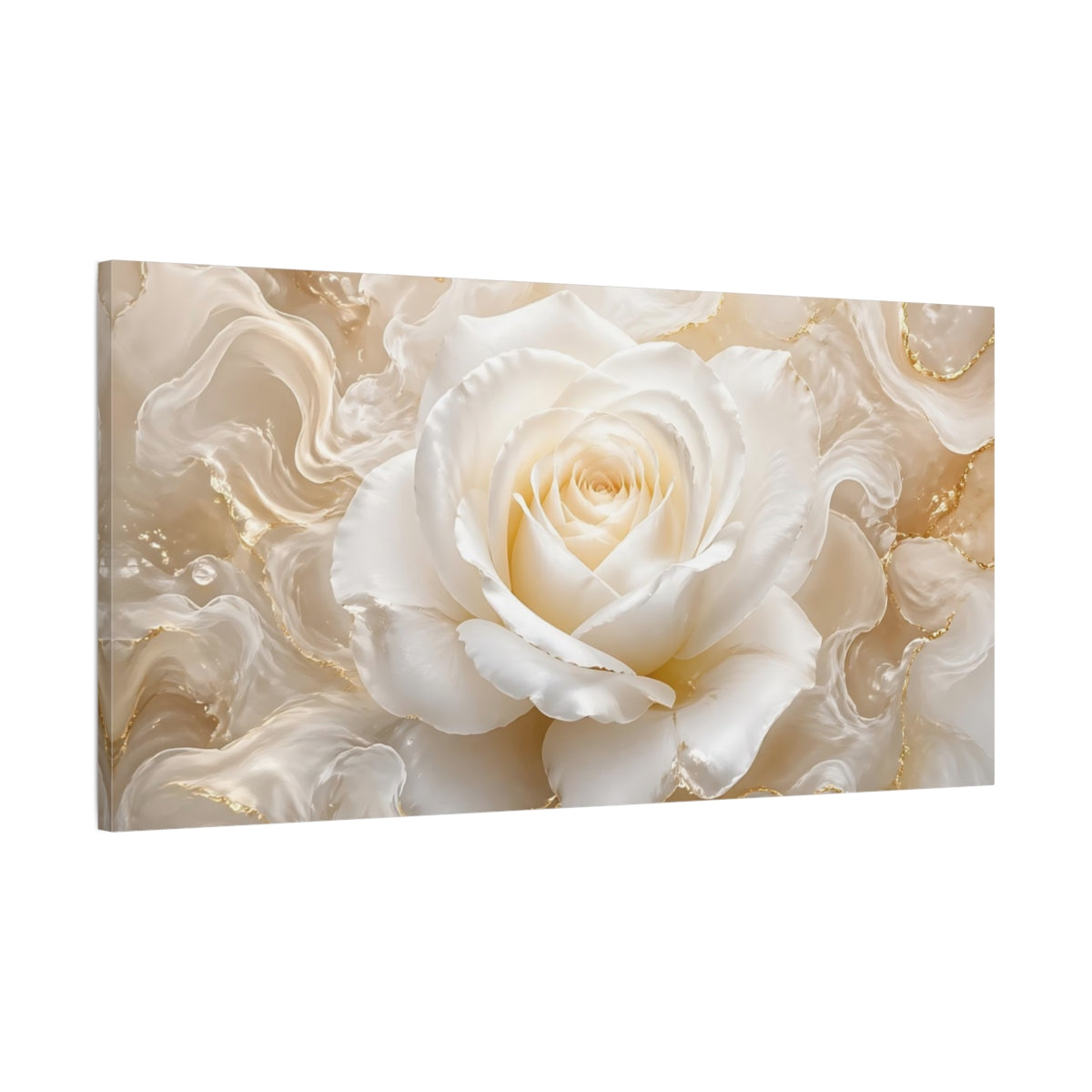 Main Mockup. Floral White Rose White Rose Gold shown as stretched canvas wall art