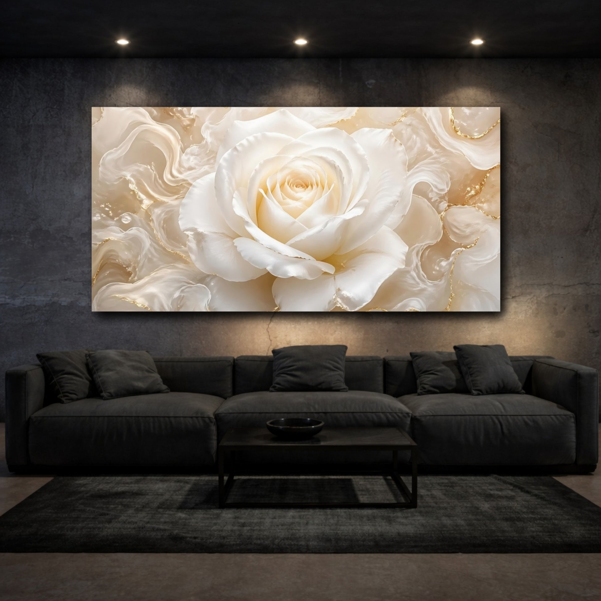 Mockup 2. Floral White Rose White Rose Gold shown as stretched canvas wall art
