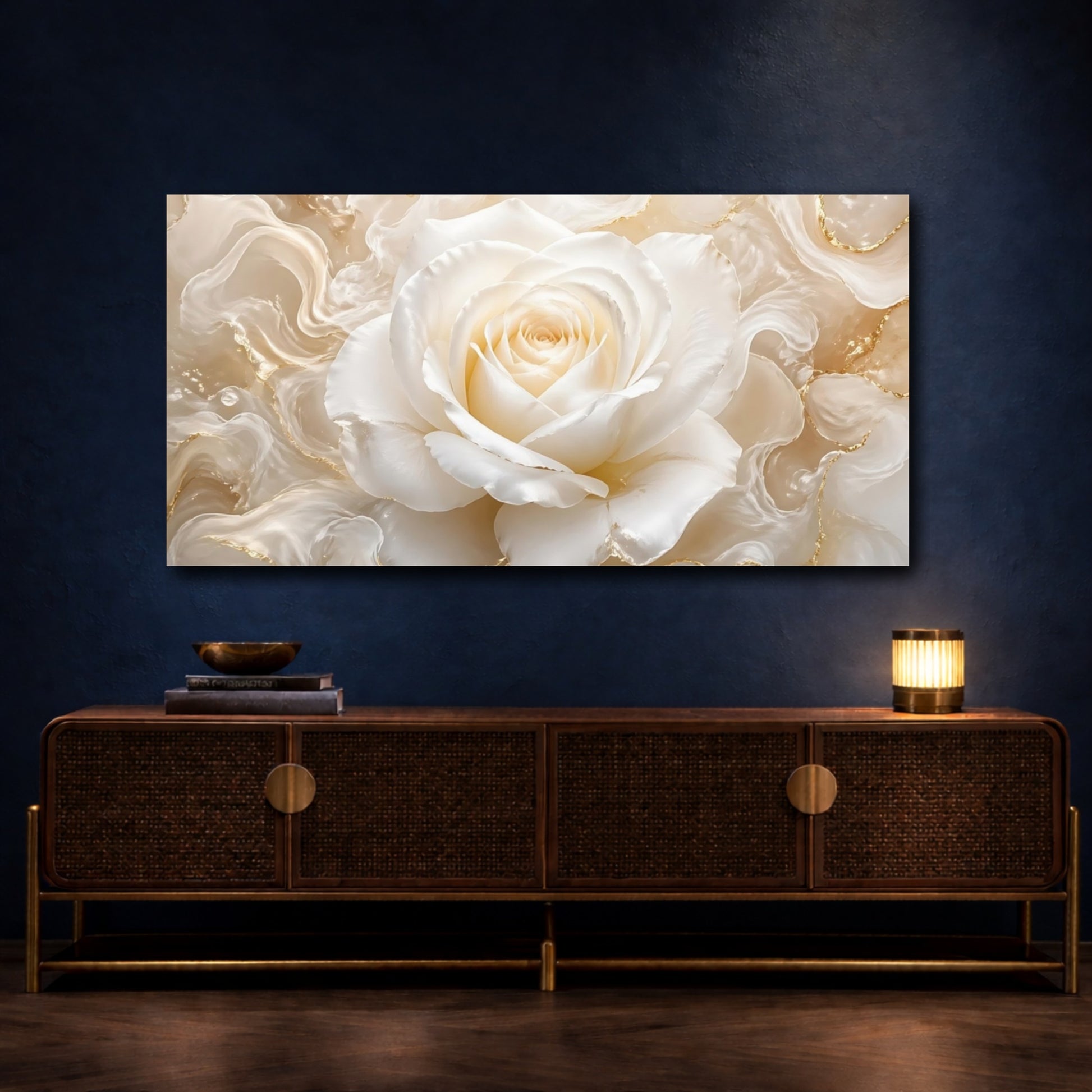 Mockup 3. Floral White Rose White Rose Gold shown as stretched canvas wall art