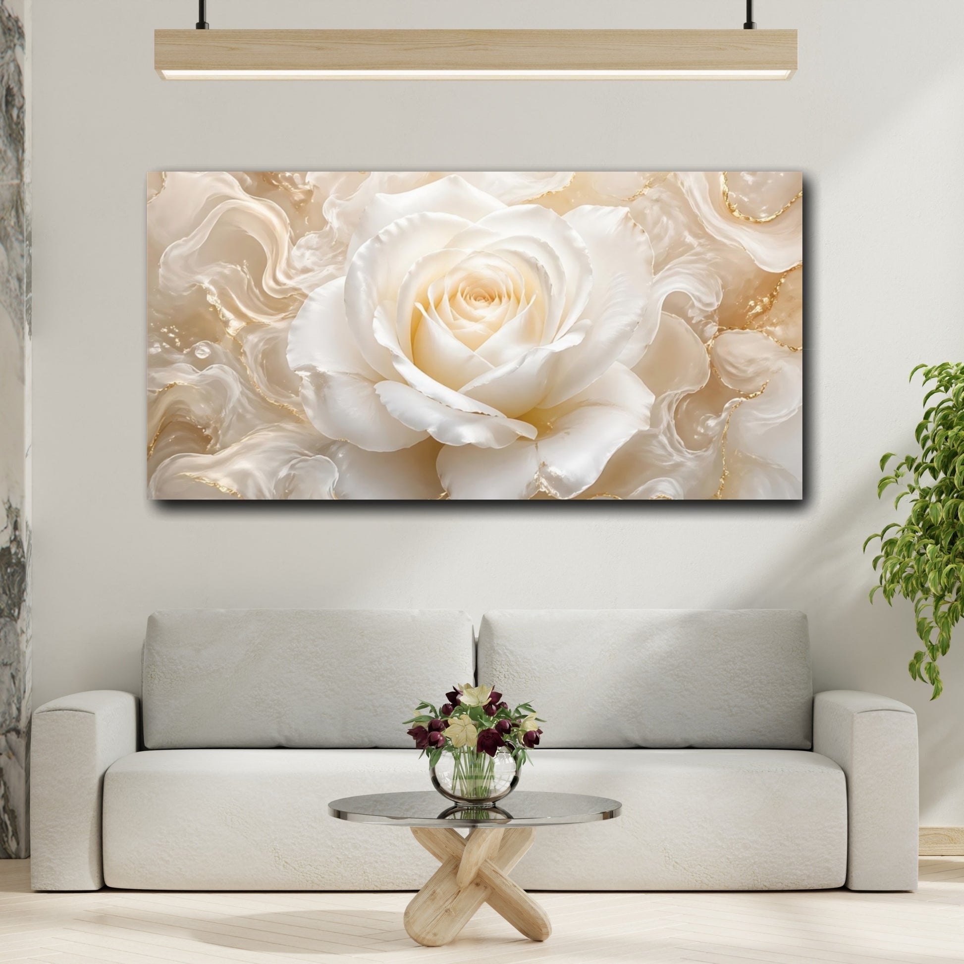 Mockup 4. Floral White Rose White Rose Gold shown as stretched canvas wall art