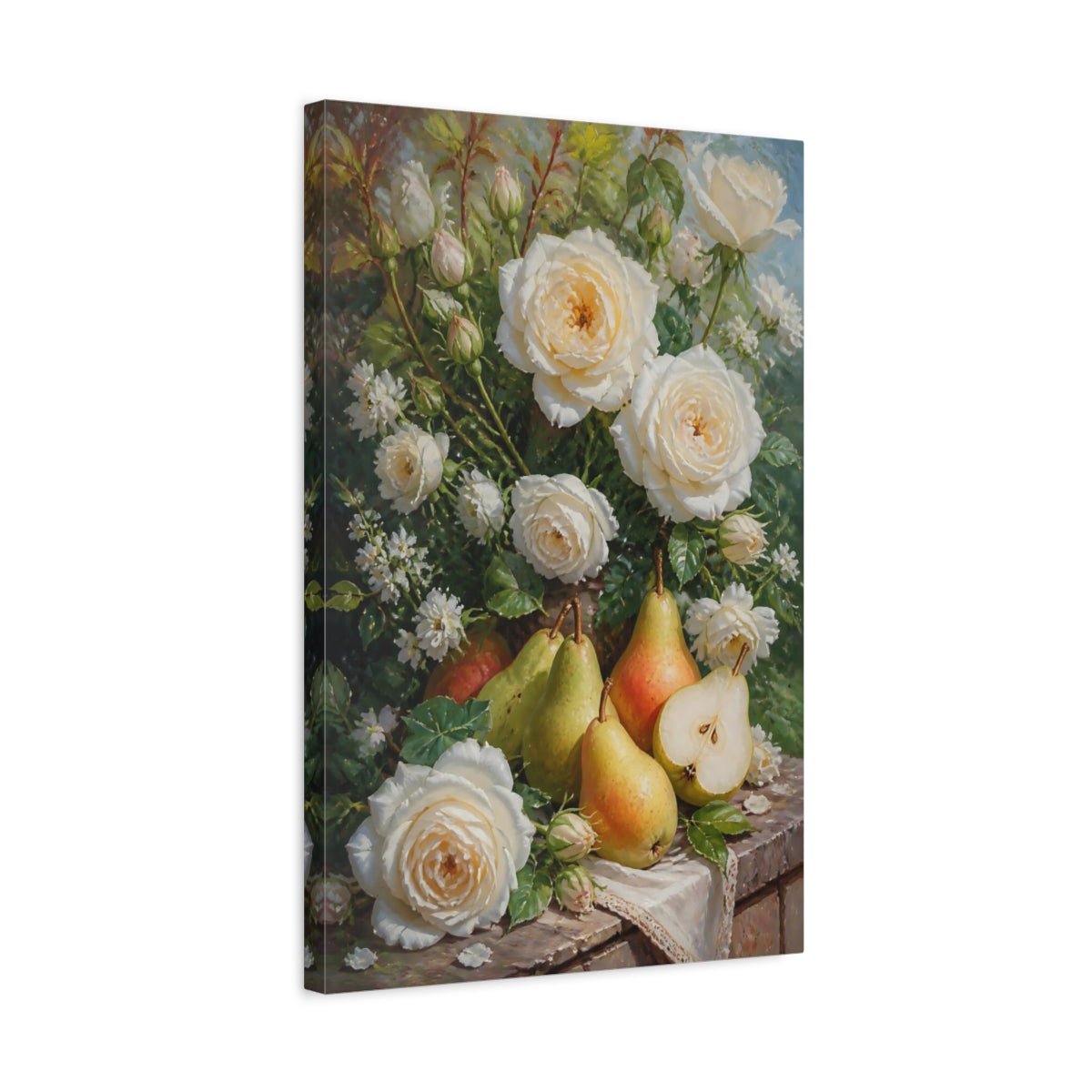 Floral White Roses And Pears Canvas Print – Kitchen, Feature Wall, Cream & Green - YesArtYes