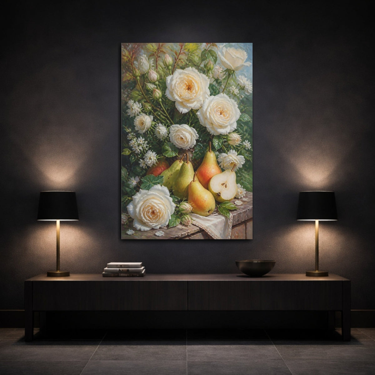 Floral White Roses And Pears Canvas Print – Kitchen, Feature Wall, Cream & Green - YesArtYes