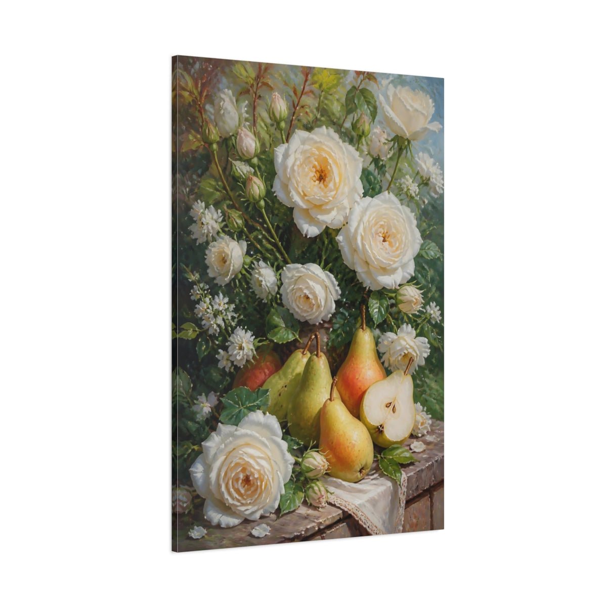 Floral White Roses And Pears Canvas Print – Kitchen, Feature Wall, Cream & Green - YesArtYes
