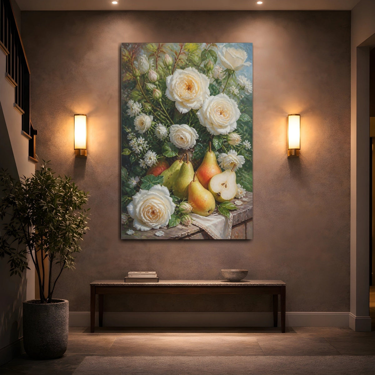 Floral White Roses And Pears Canvas Print – Kitchen, Feature Wall, Cream & Green - YesArtYes