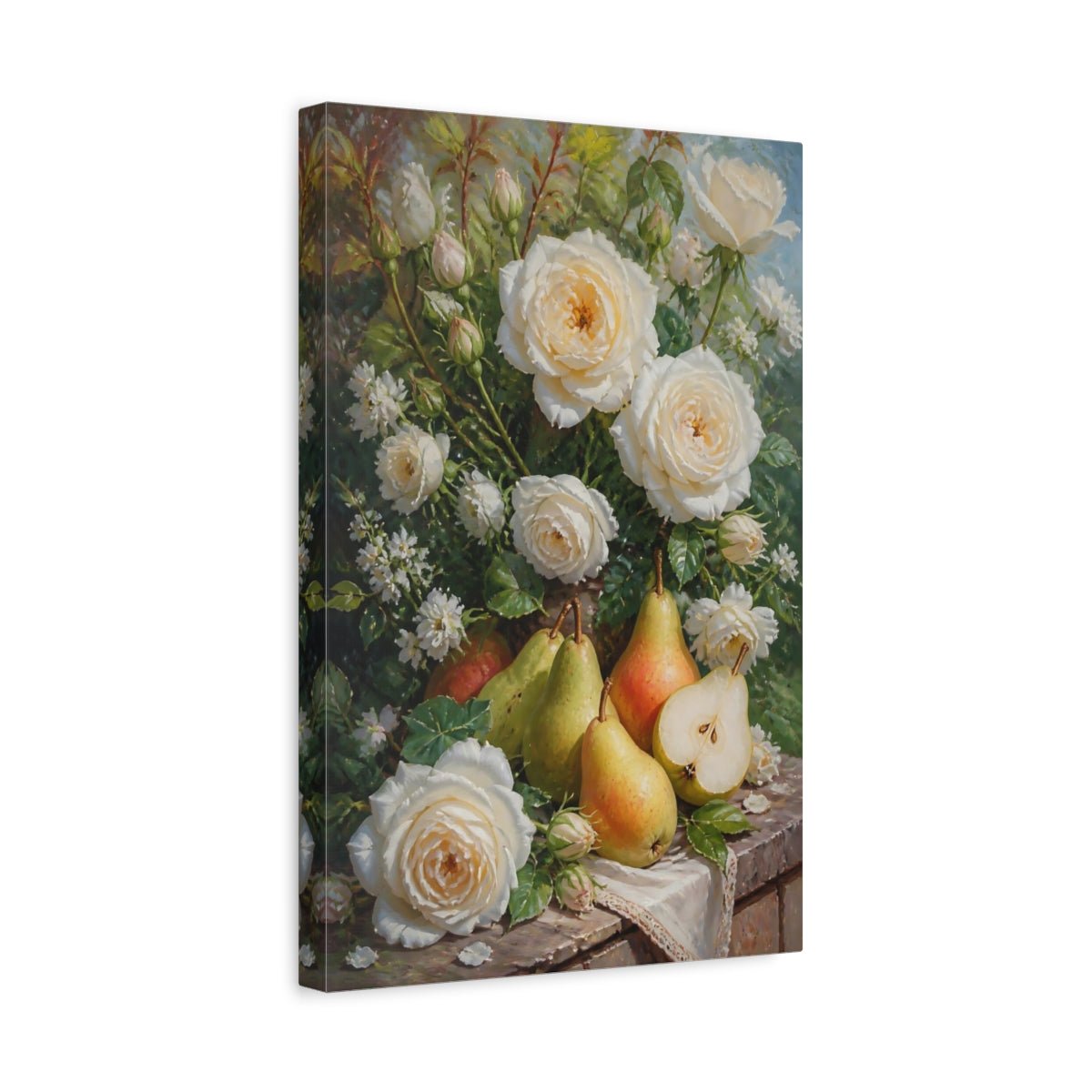 Floral White Roses And Pears Canvas Print – Kitchen, Feature Wall, Cream & Green - YesArtYes