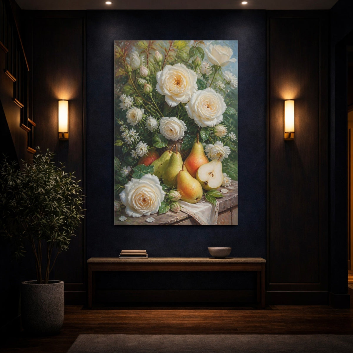 Floral White Roses And Pears Canvas Print – Kitchen, Feature Wall, Cream & Green - YesArtYes