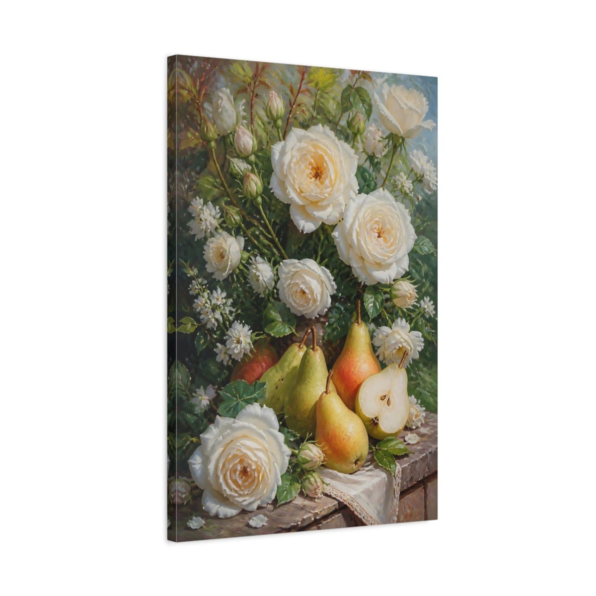 Floral White Roses And Pears Canvas Print – Kitchen, Feature Wall, Cream & Green - YesArtYes