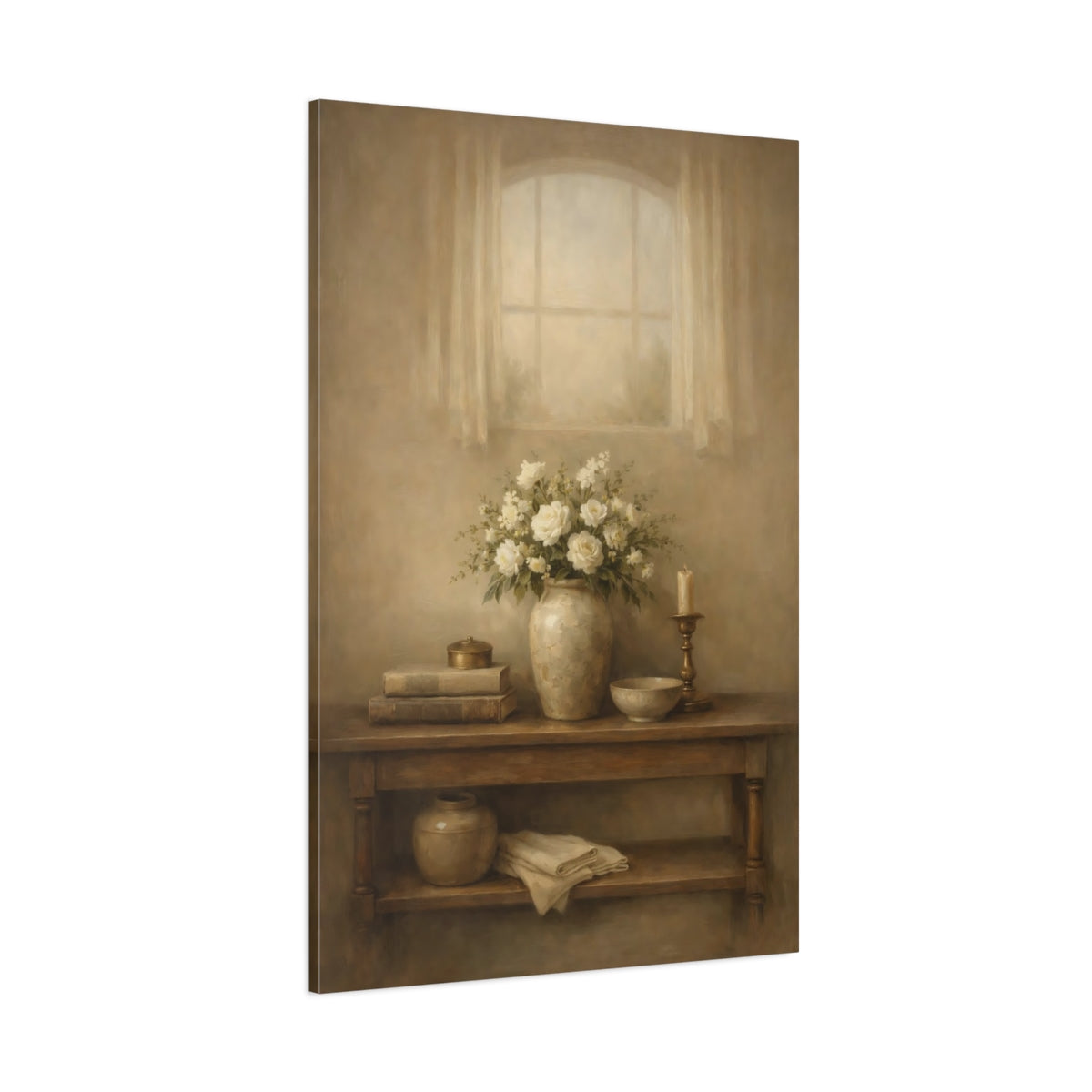 Main Mockup. Floral White Roses Beige Floral Still Life shown as stretched canvas wall art