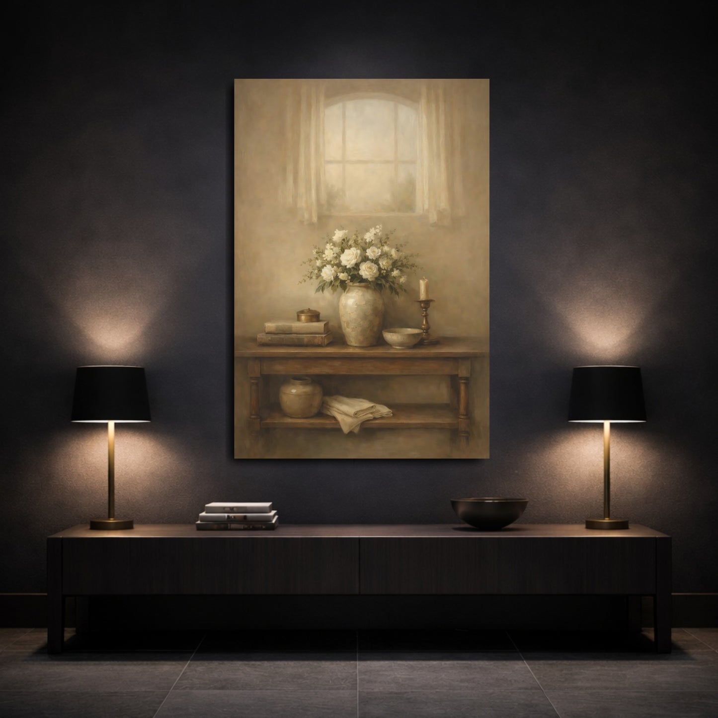 Mockup 2. Floral White Roses Beige Floral Still Life shown as stretched canvas wall art