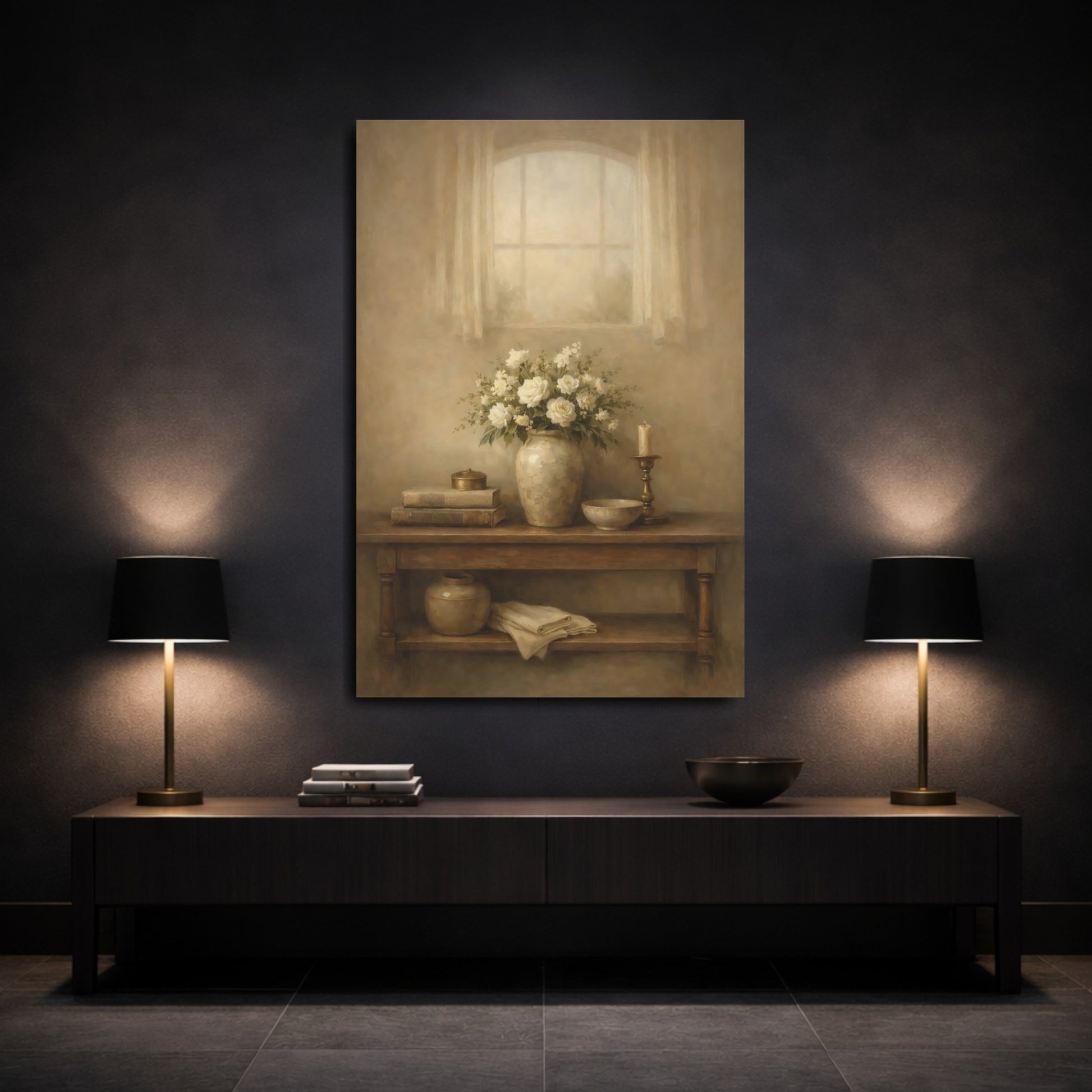 Mockup 2. Floral White Roses Beige Floral Still Life shown as stretched canvas wall art