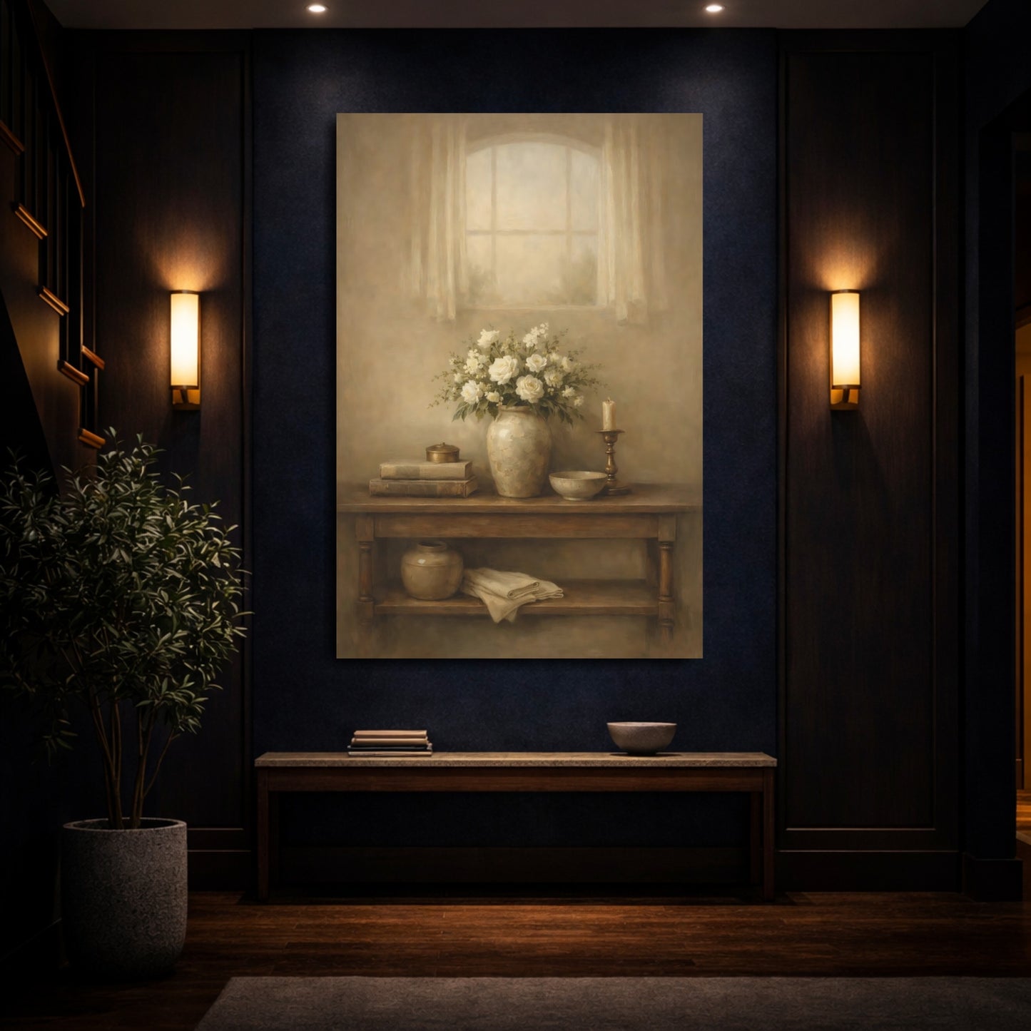 Mockup 3. Floral White Roses Beige Floral Still Life shown as stretched canvas wall art