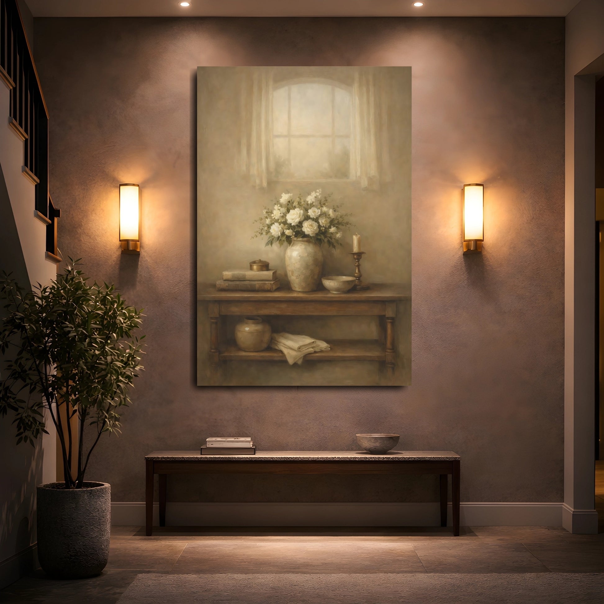 Mockup 4. Floral White Roses Beige Floral Still Life shown as stretched canvas wall art