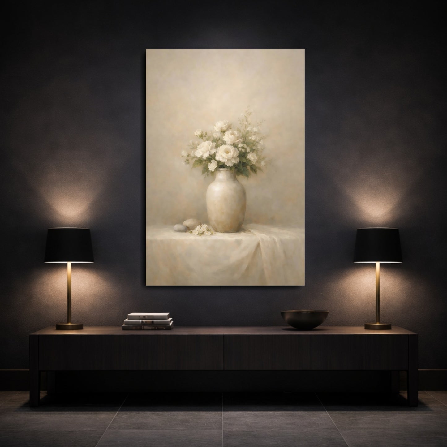 Mockup 2. Floral White Roses Cream And White shown as stretched canvas wall art