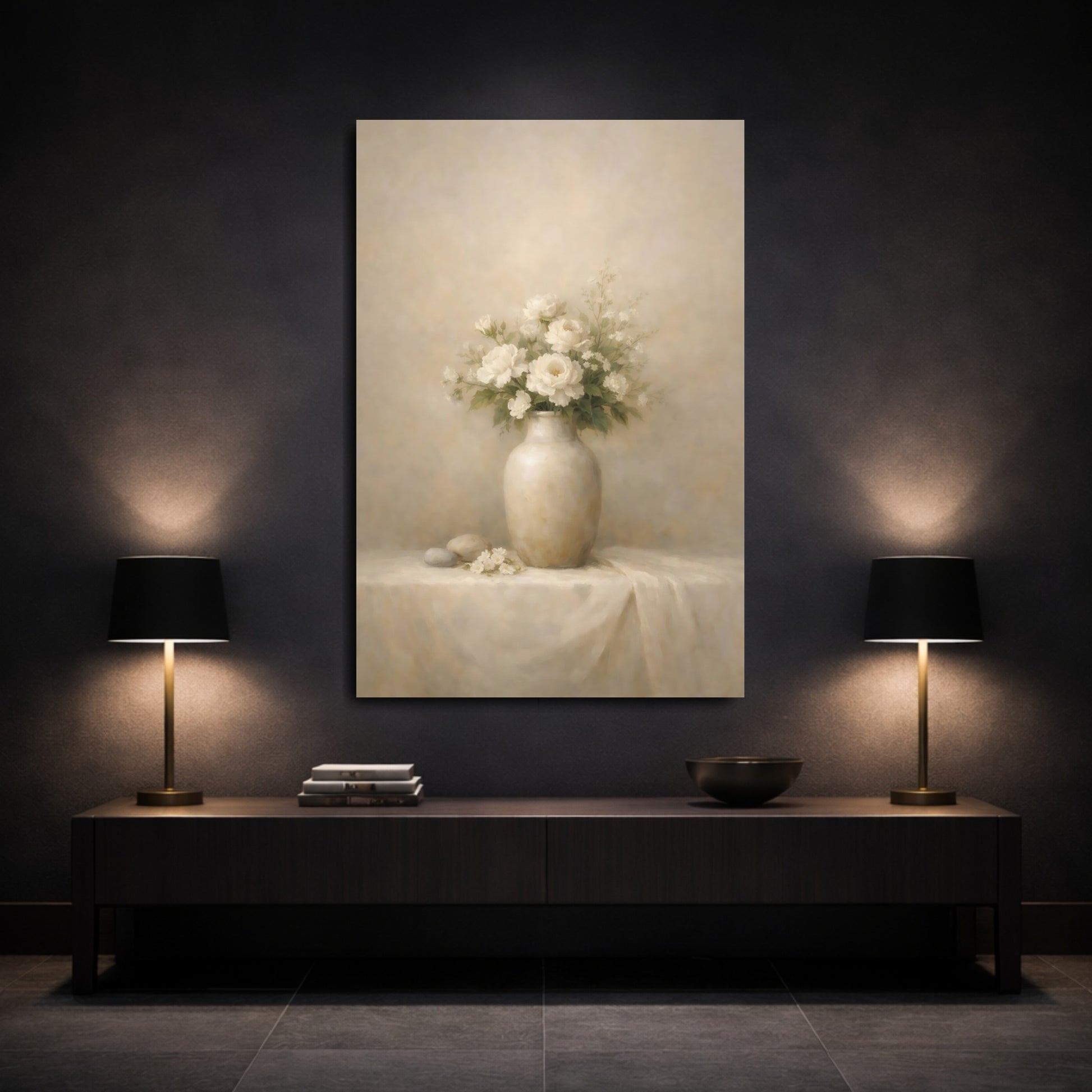 Mockup 2. Floral White Roses Cream And White shown as stretched canvas wall art