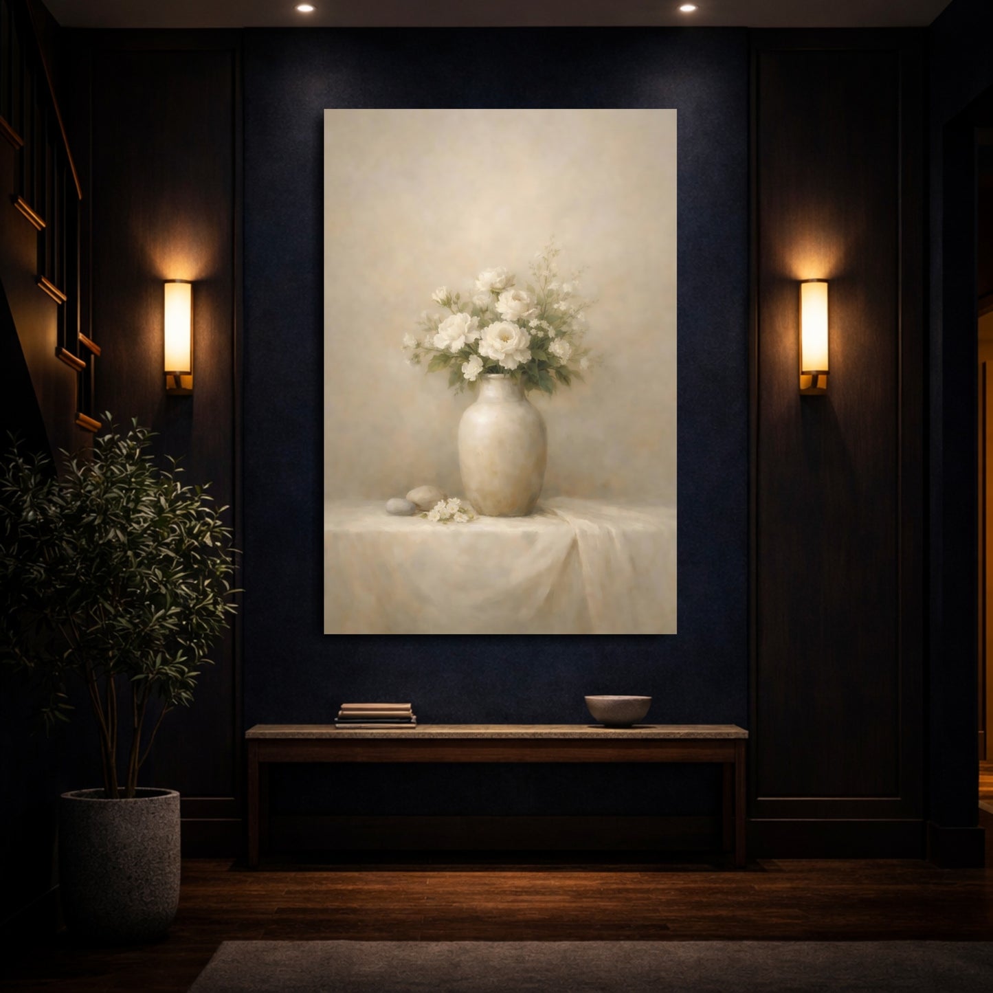 Mockup 3. Floral White Roses Cream And White shown as stretched canvas wall art