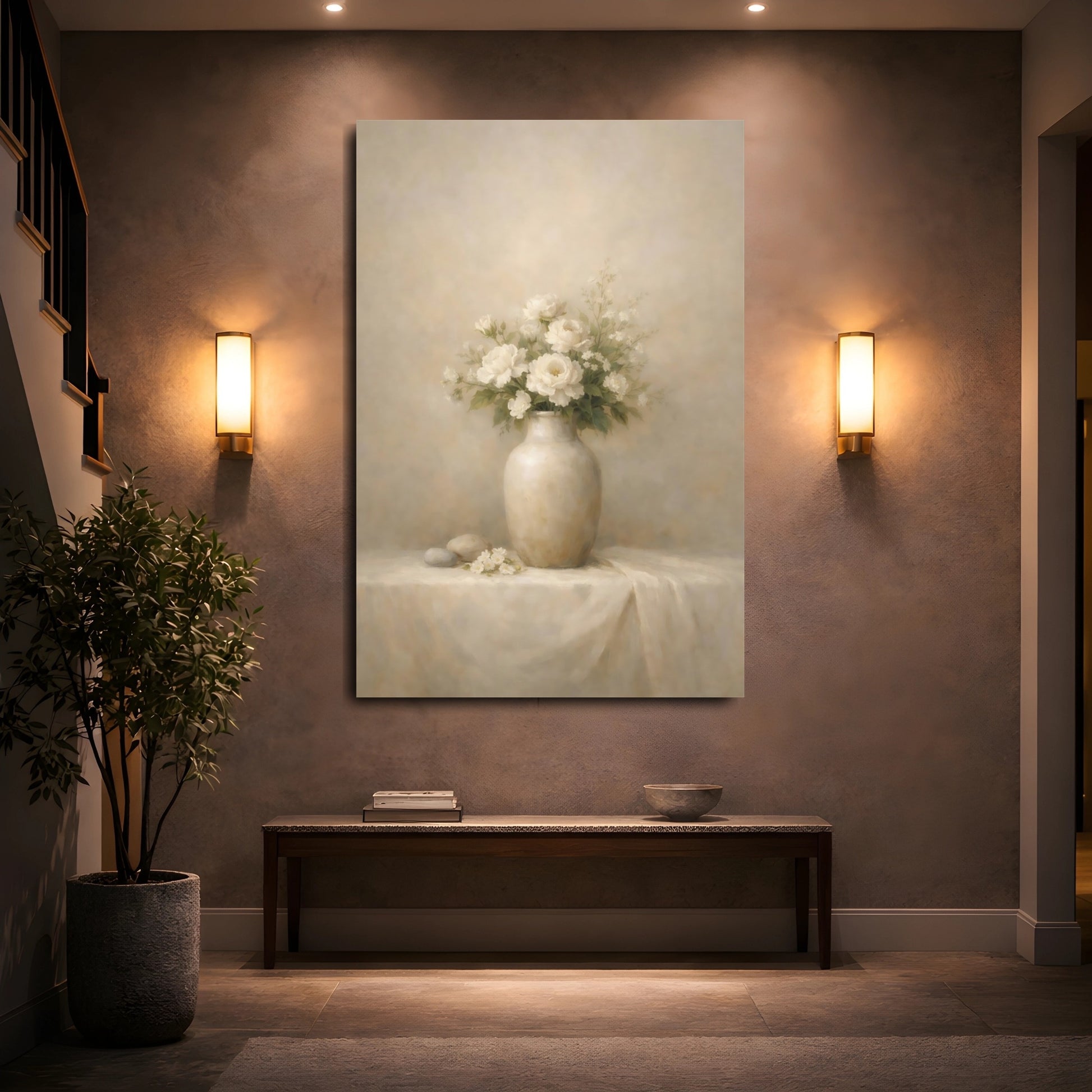 Mockup 4. Floral White Roses Cream And White shown as stretched canvas wall art