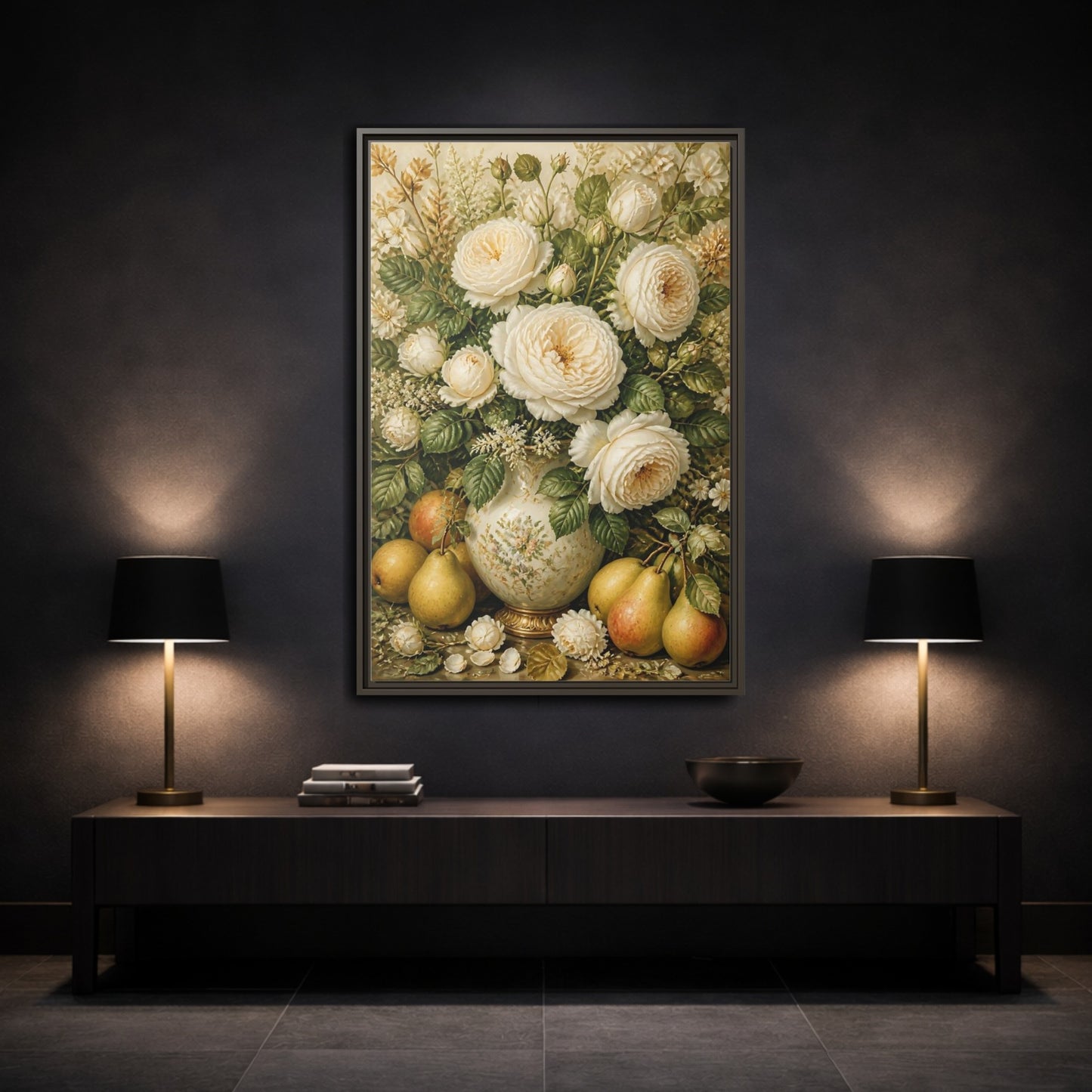 Mockup 3. Floral White Roses Cream Floral Still Life shown as framed canvas print