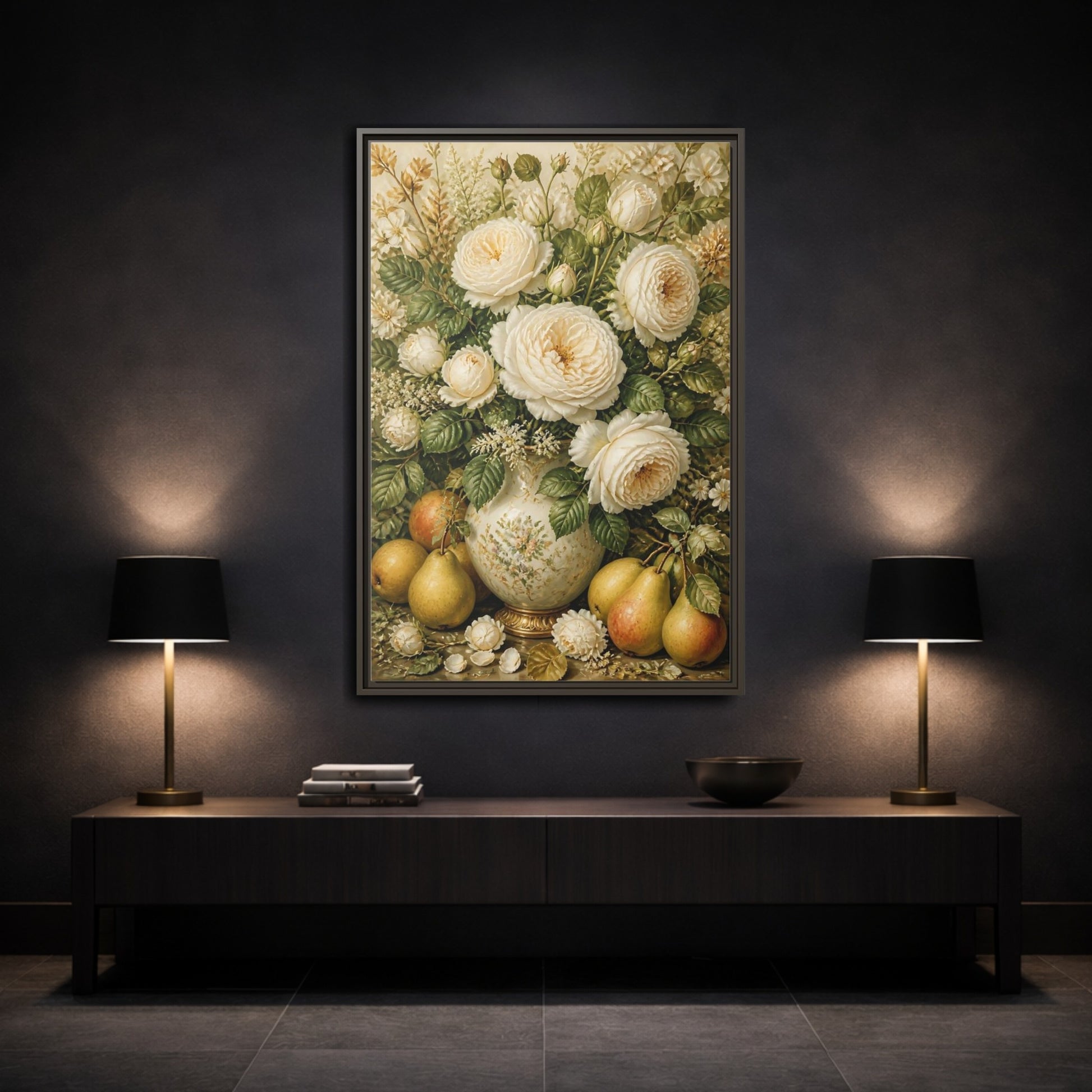 Mockup 3. Floral White Roses Cream Floral Still Life shown as framed canvas print