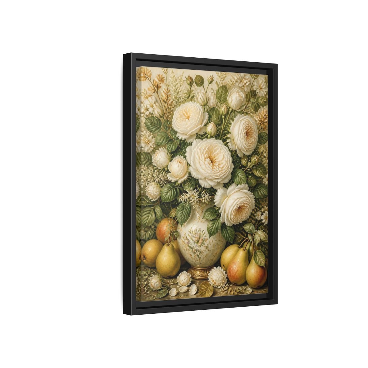 Floral White Roses Cream Still Life Framed Canvas Print Wall Art – Living Room Decor, Above Couch - YesArtYes