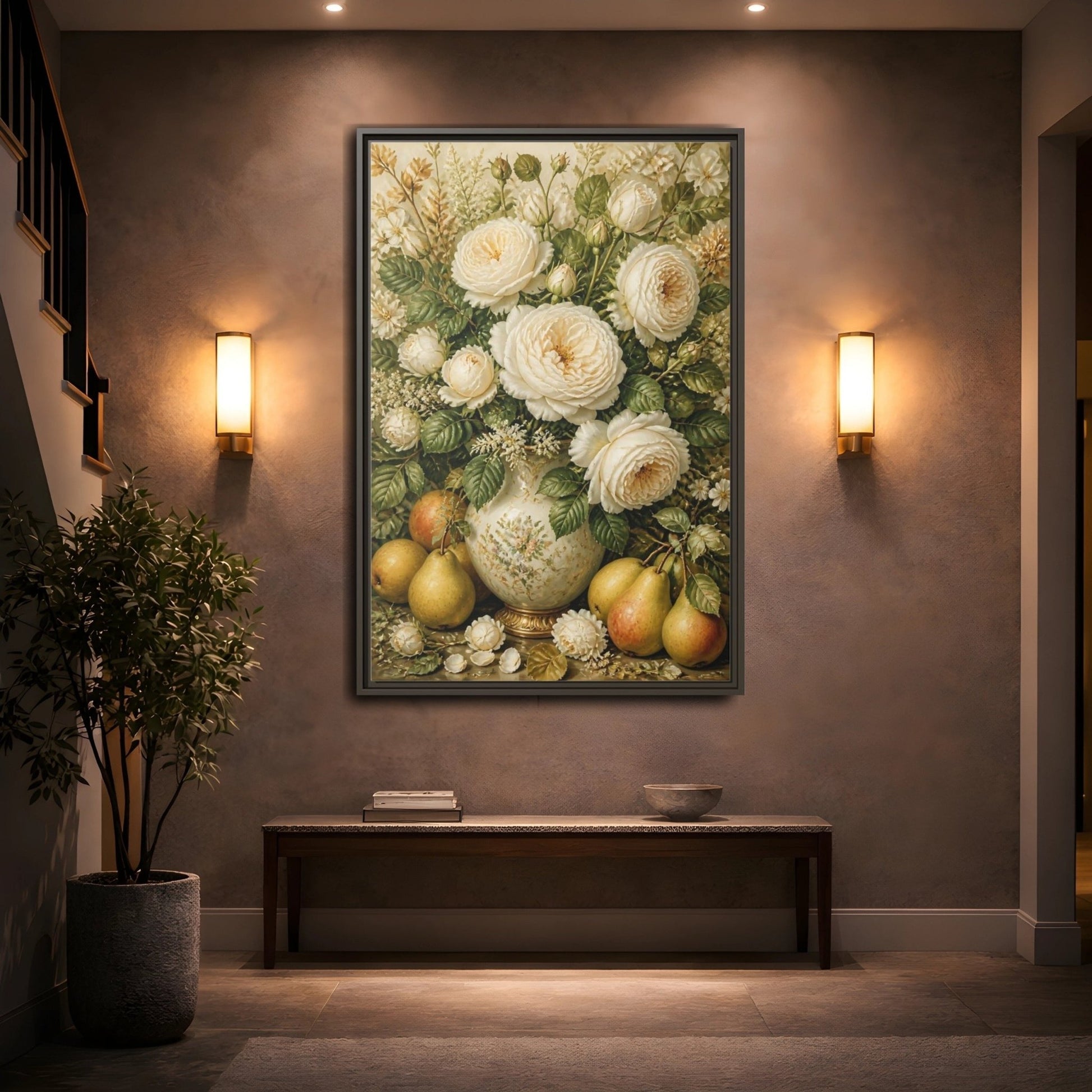 Floral White Roses Cream Still Life Framed Canvas Print Wall Art – Living Room Decor, Above Couch - YesArtYes