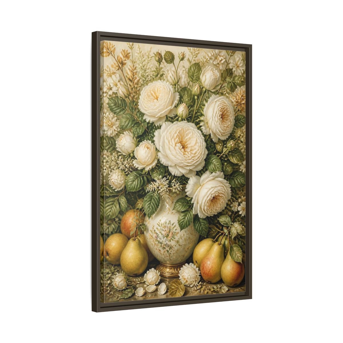 Floral White Roses Cream Still Life Framed Canvas Print Wall Art – Living Room Decor, Above Couch - YesArtYes