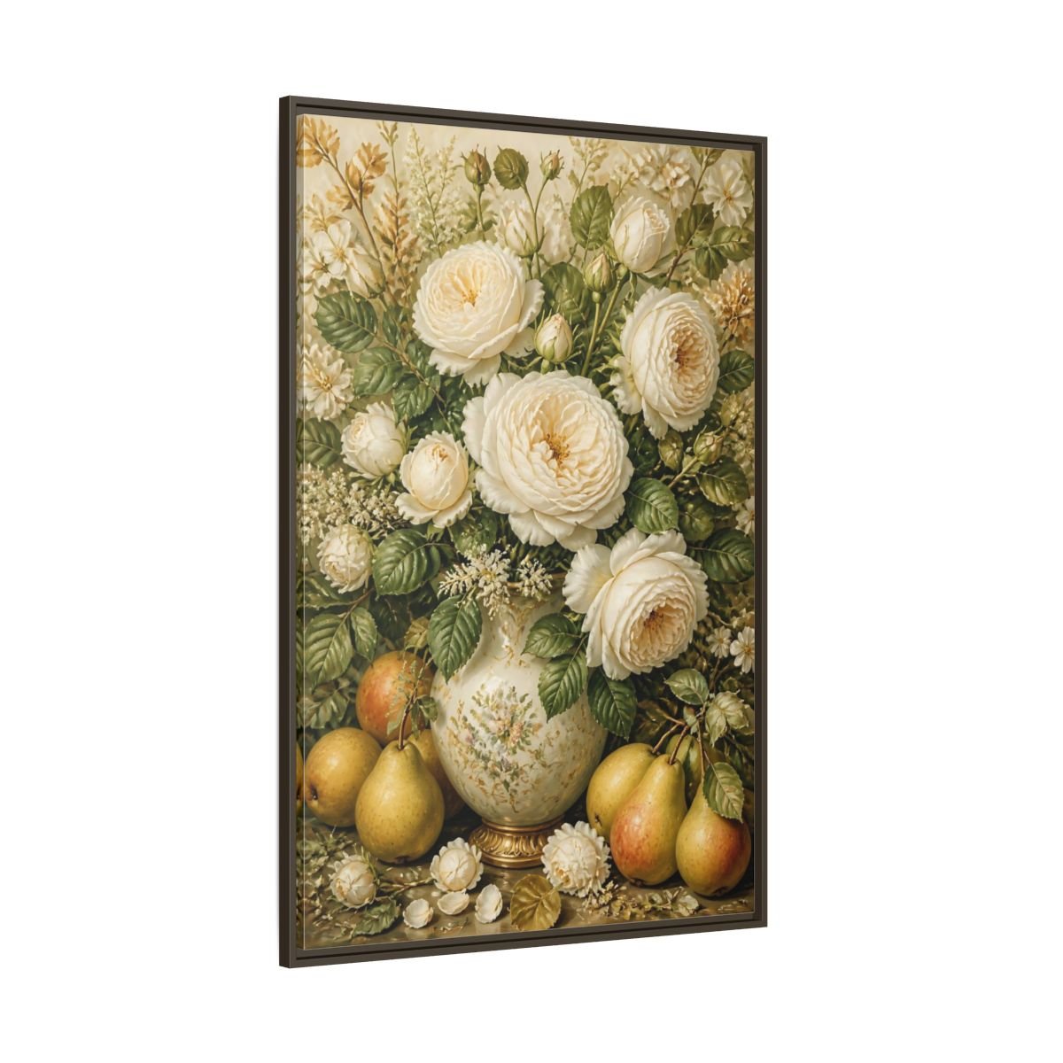 Floral White Roses Cream Still Life Framed Canvas Print Wall Art – Living Room Decor, Above Couch - YesArtYes