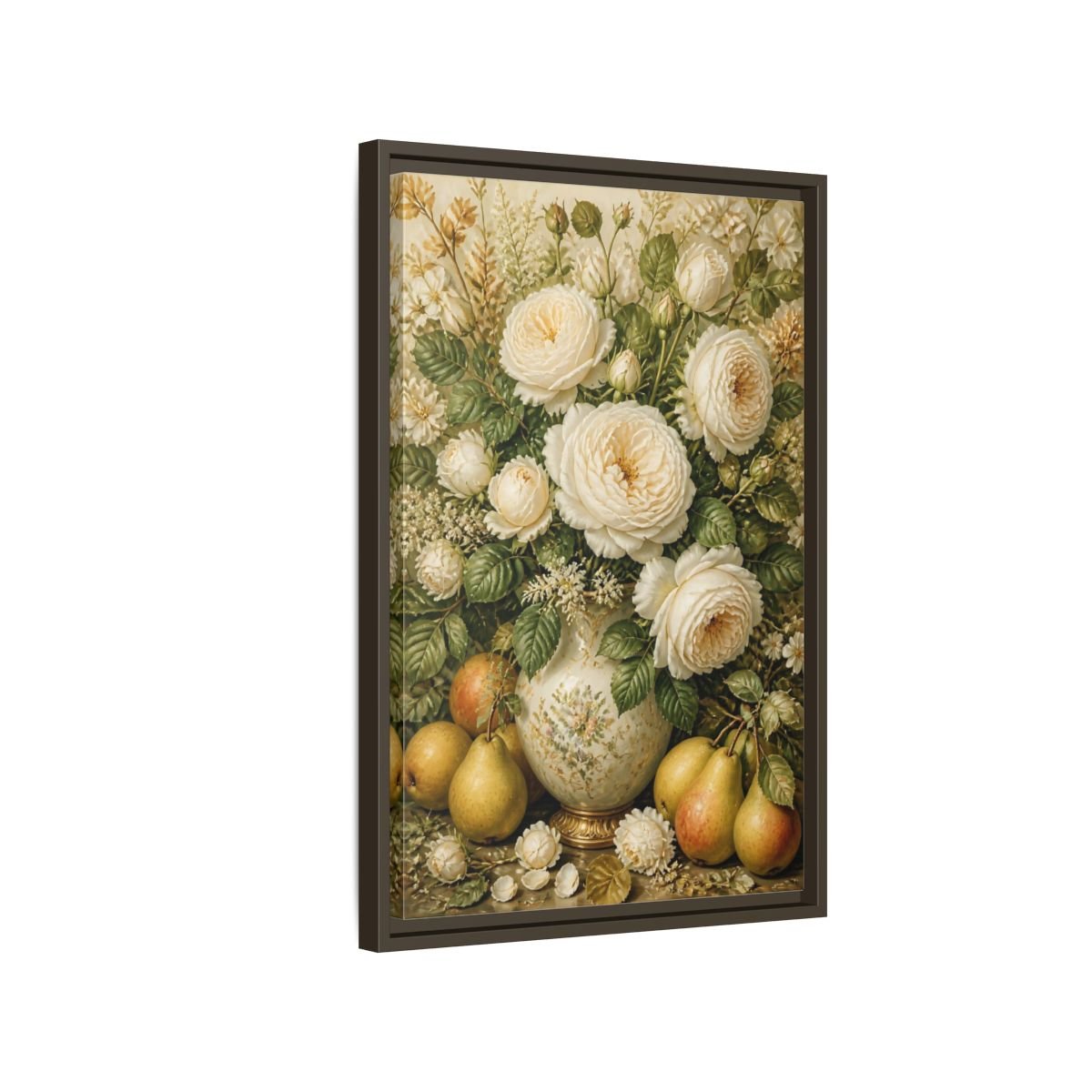 Floral White Roses Cream Still Life Framed Canvas Print Wall Art – Living Room Decor, Above Couch - YesArtYes