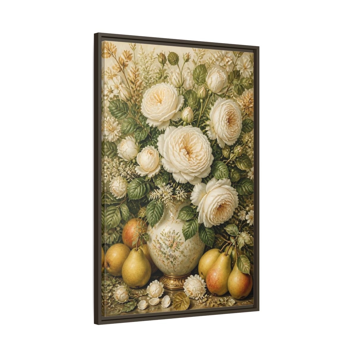 Floral White Roses Cream Still Life Framed Canvas Print Wall Art – Living Room Decor, Above Couch - YesArtYes