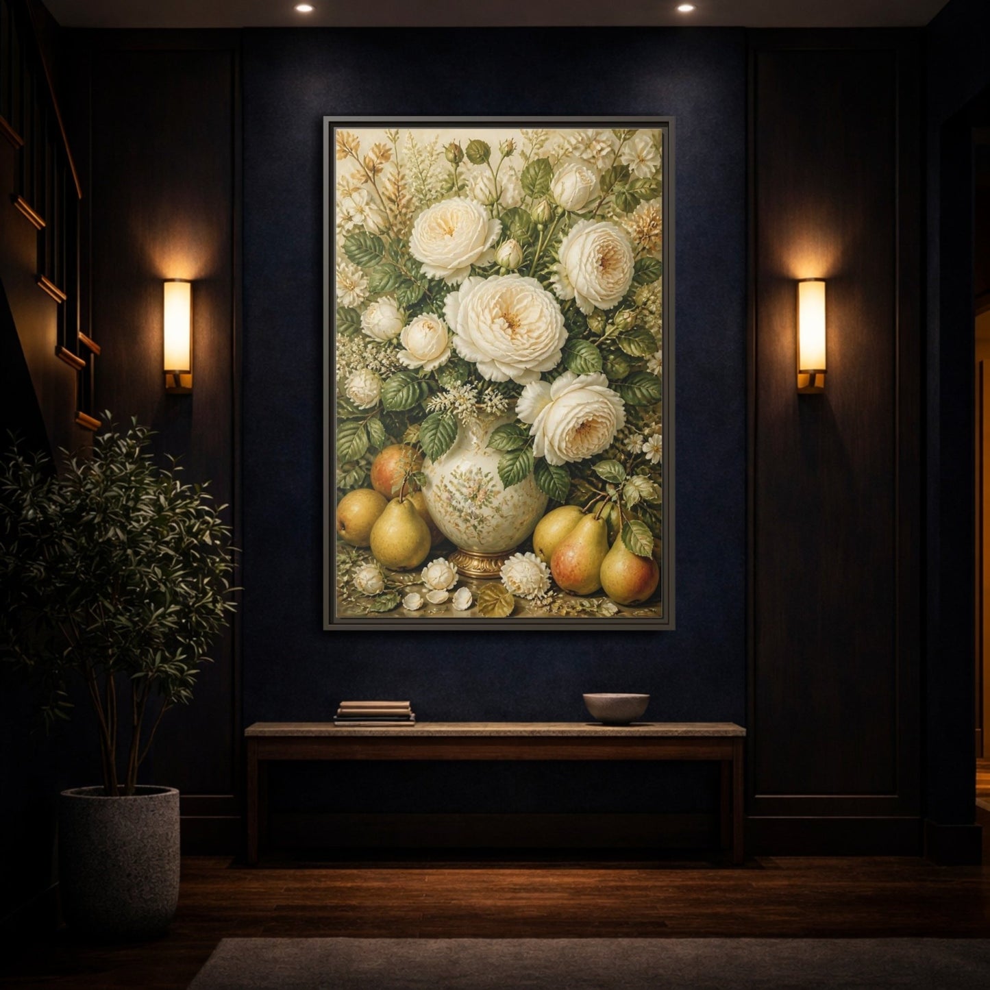 Floral White Roses Cream Still Life Framed Canvas Print Wall Art – Living Room Decor, Above Couch - YesArtYes