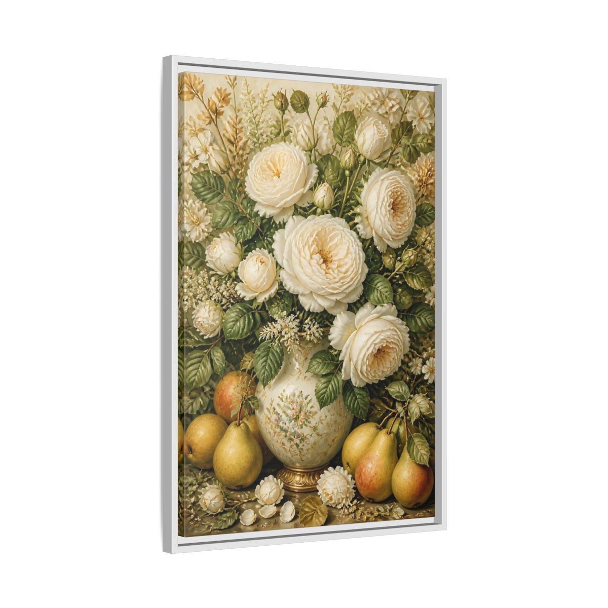 Floral White Roses Cream Still Life Framed Canvas Print Wall Art – Living Room Decor, Above Couch - YesArtYes